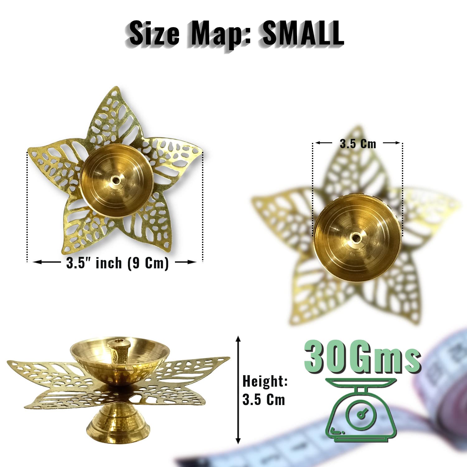 Lamina Decorative Brass Diya for Puja (Set of 2 Small 3.5inch Golden Star Leaf) Center Wick Holder Pital Akhand Deep Vilakku for