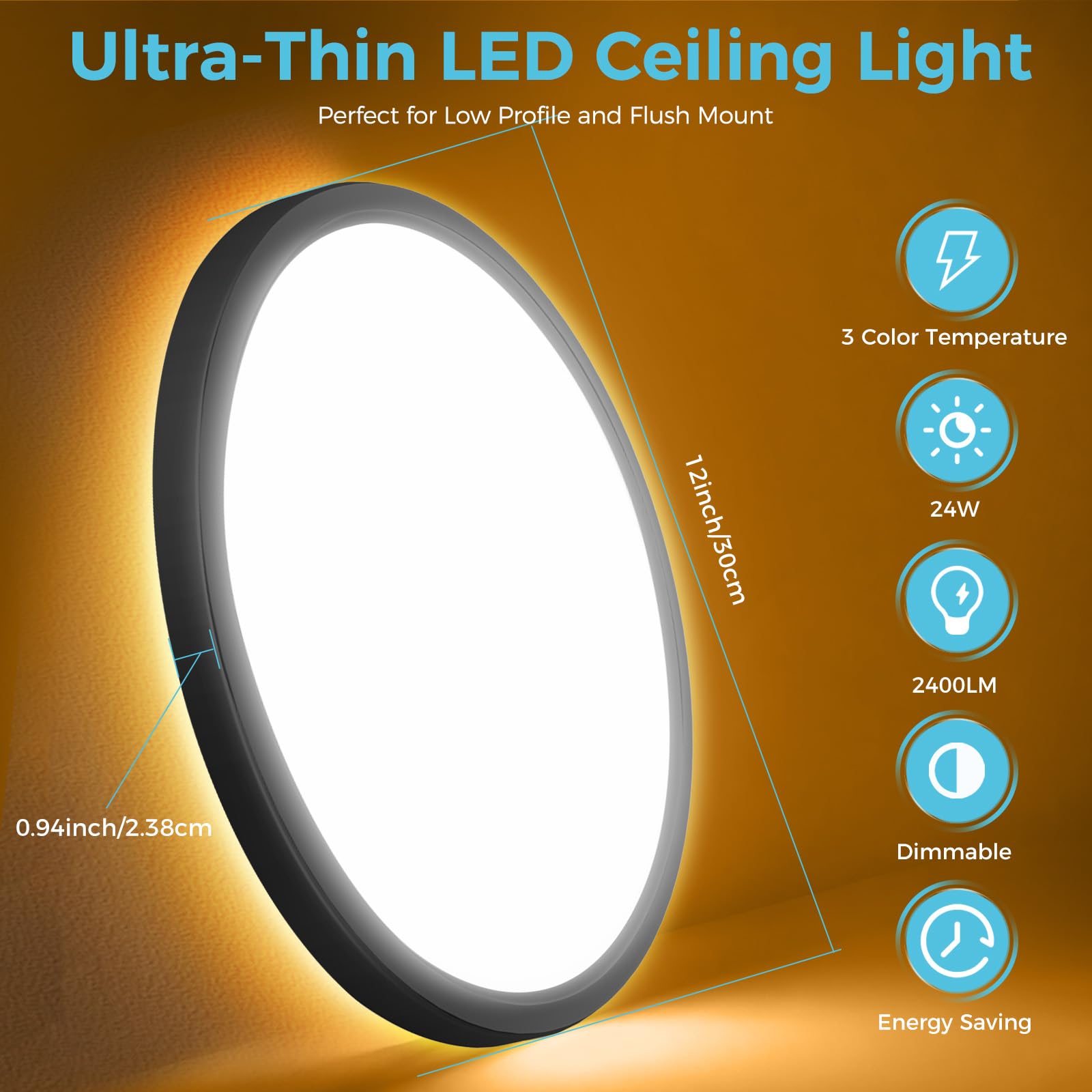 Libtit 12 Inch Black Led Ceiling Light With Night Light 1800K, 3000K/4000K/6500K Dimmable Flush Mount Ceiling Lamp With Remote C