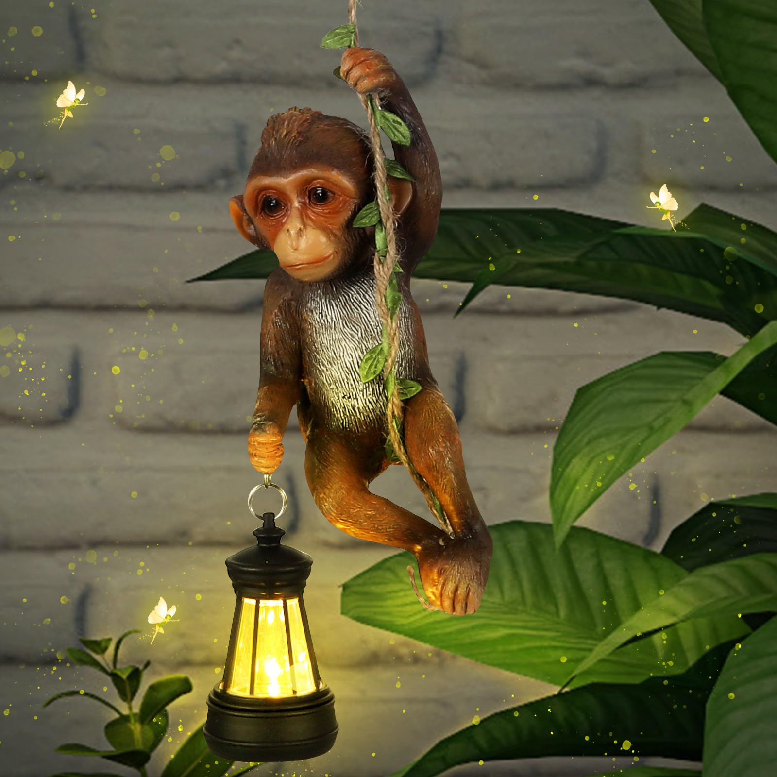 Rossesay Solar Light Outdoor Statues 7.48'' H Resin Chimpanzee Baby Monkey Climbing On A 19.68'' L Vine with LED Lantern Waterpr