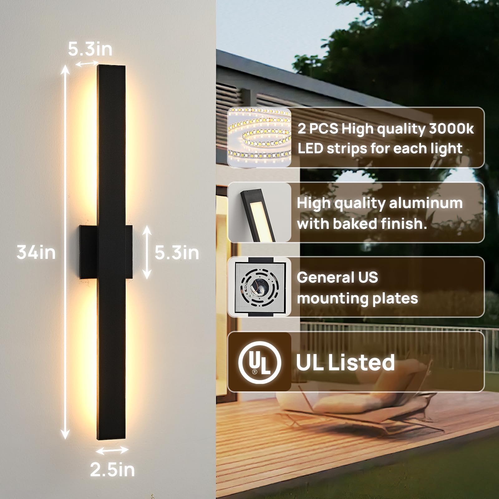 JOKAONOTL Black 34" Long LED Porch Light - Waterproof Modern Outdoor Wall Fixture, 1 Pack, Model WLB020
