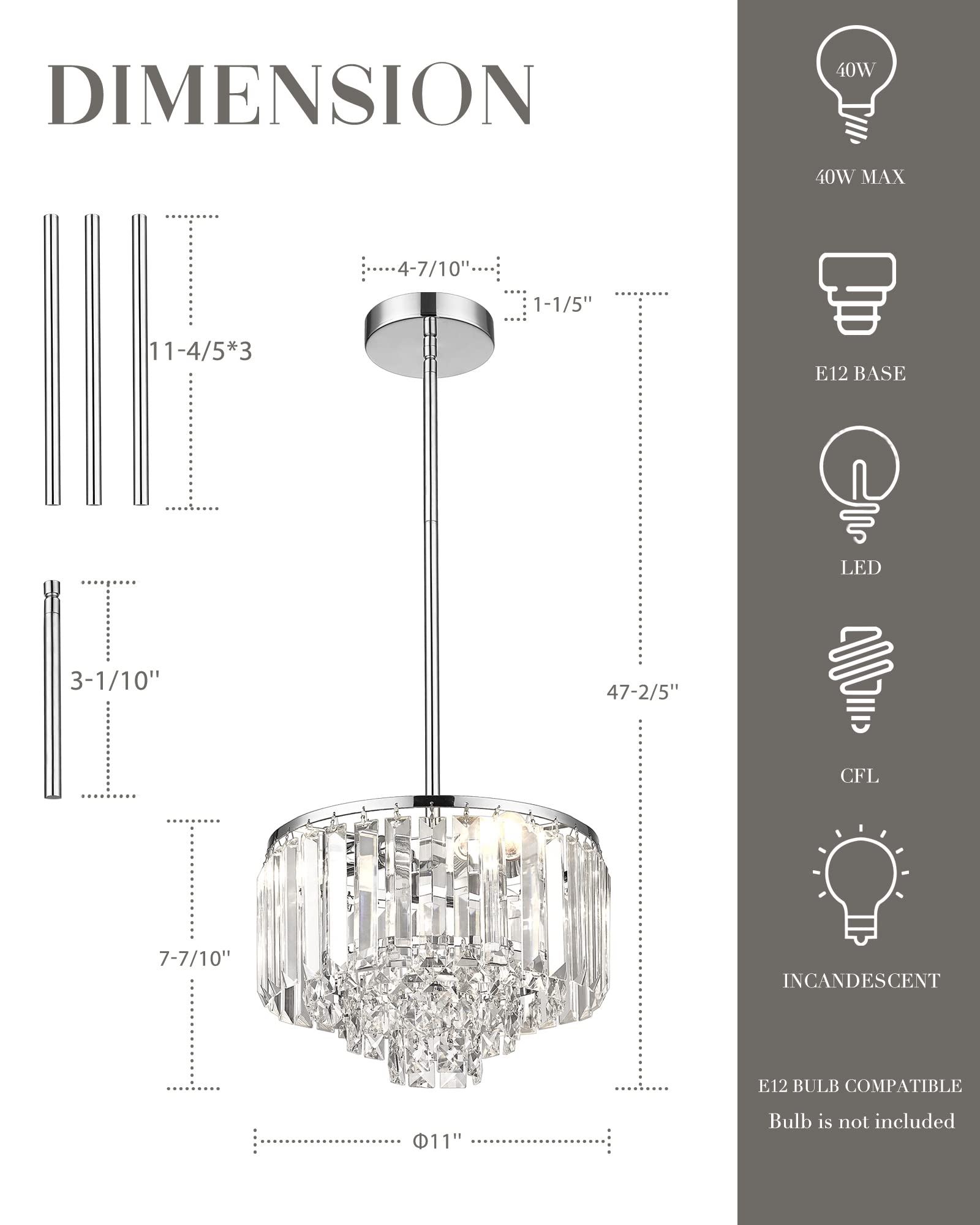 Cargifak Crystal Chandelier - 4-Tier Modern Pendant Light, 11" Polished Chrome, Ideal for Dining Room, Kitchen Island, Bedroom, Model CKCC4215-3W