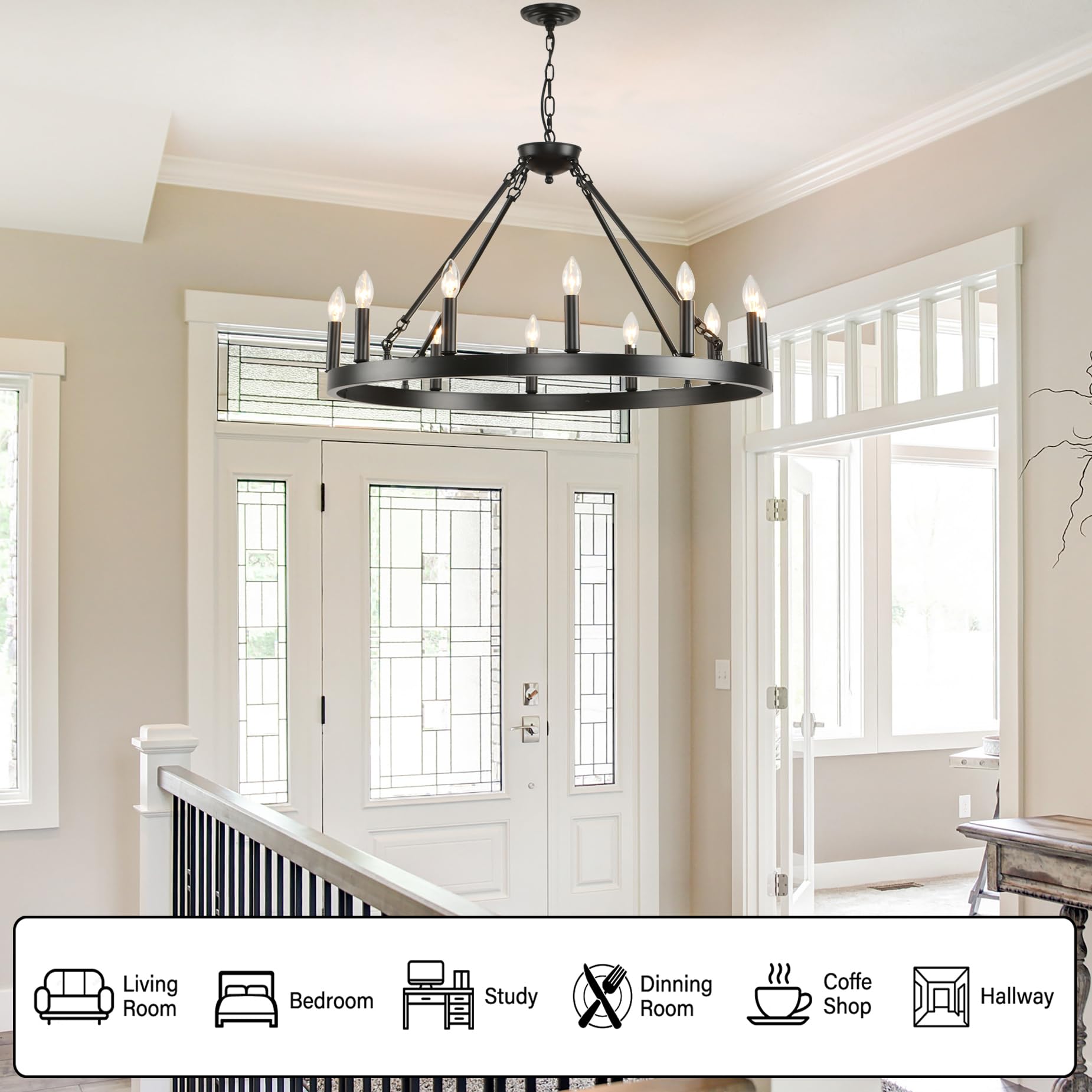 Jklx 70 Inch Extra Large Wagon Wheel Chandelier 2 Tier 64-Lights Black Farmhouse Pendant Light Fixture, Round Rustic Hanging Lig