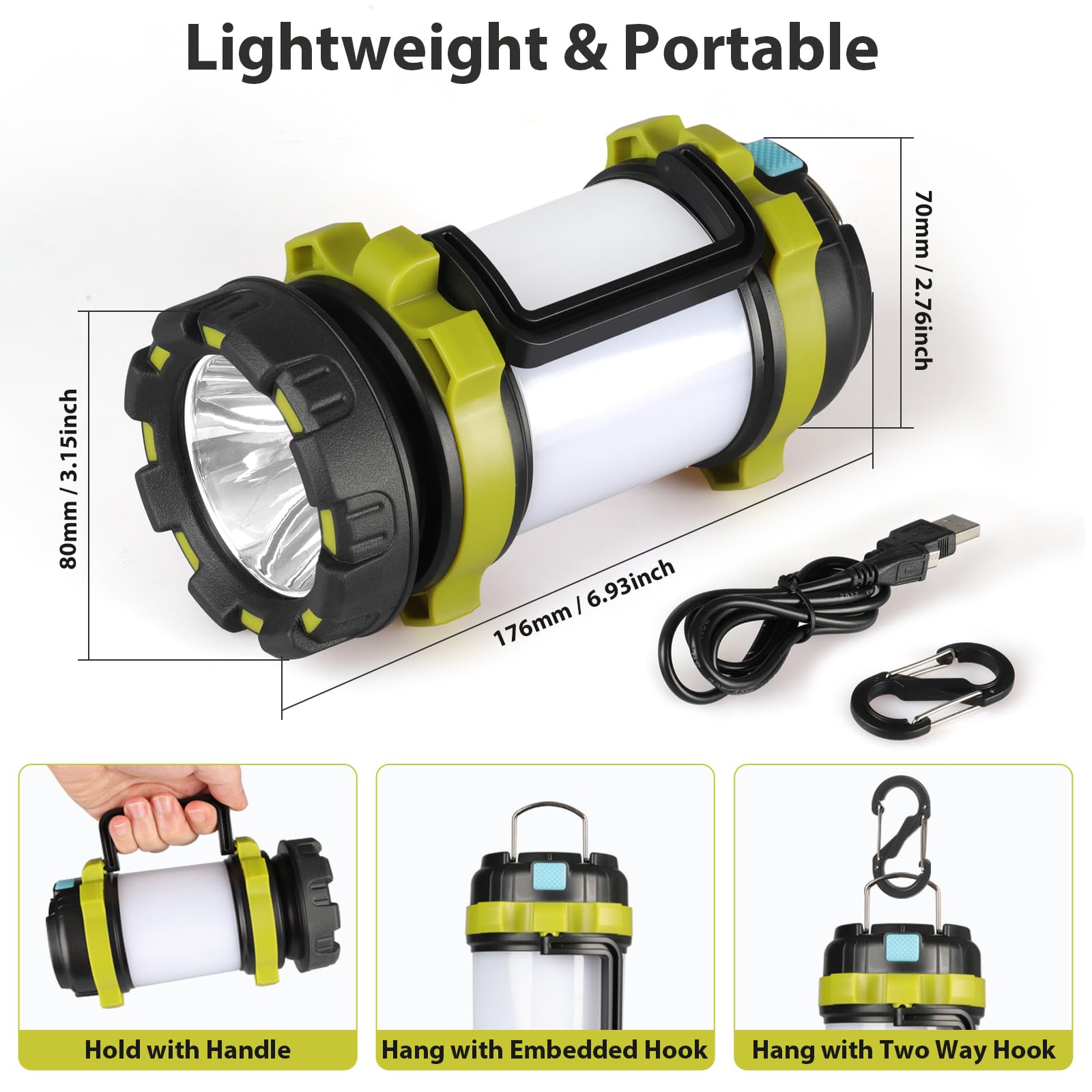 BOBKID Camping Lantern - LED Rechargeable Light, 1000LM, 6 Modes, 4000mAh Power Bank, IPX5 Waterproof, Green, 1 Count (Pack of
