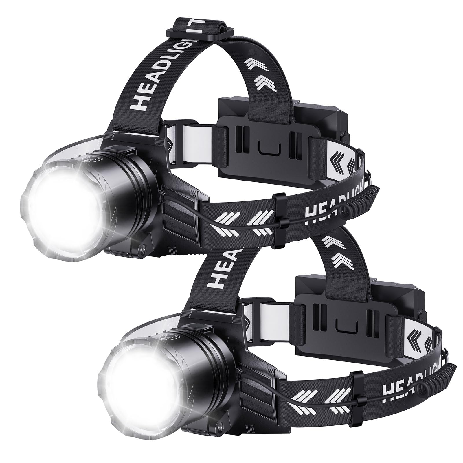 SWZA Super Bright Headlamp 2-Pack, 2000 Lumens, Rechargeable, 7 Modes, Zoomable, Waterproof, Black, Model 182