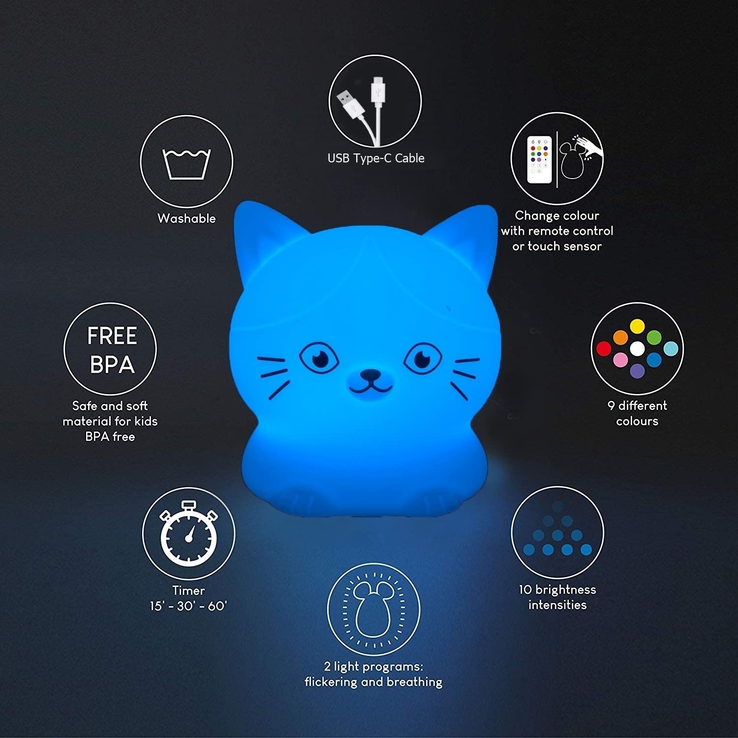 Glinrui Cat Night Lights Children'S Room Lighting, Toddler Bedroom Sleep Lights Bedside Lamp - 9 Colors Lamps Room Decor For Tod