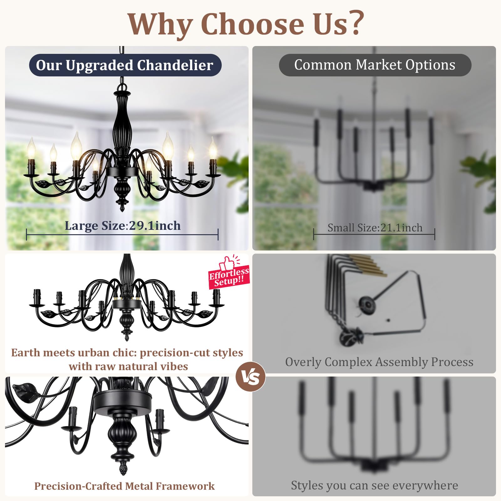 VerRon 29" Large Black Chandelier, 8-Light Metal Fixture, Modern Farmhouse Design for Dining Room, Kitchen, Bedroom, Living Room