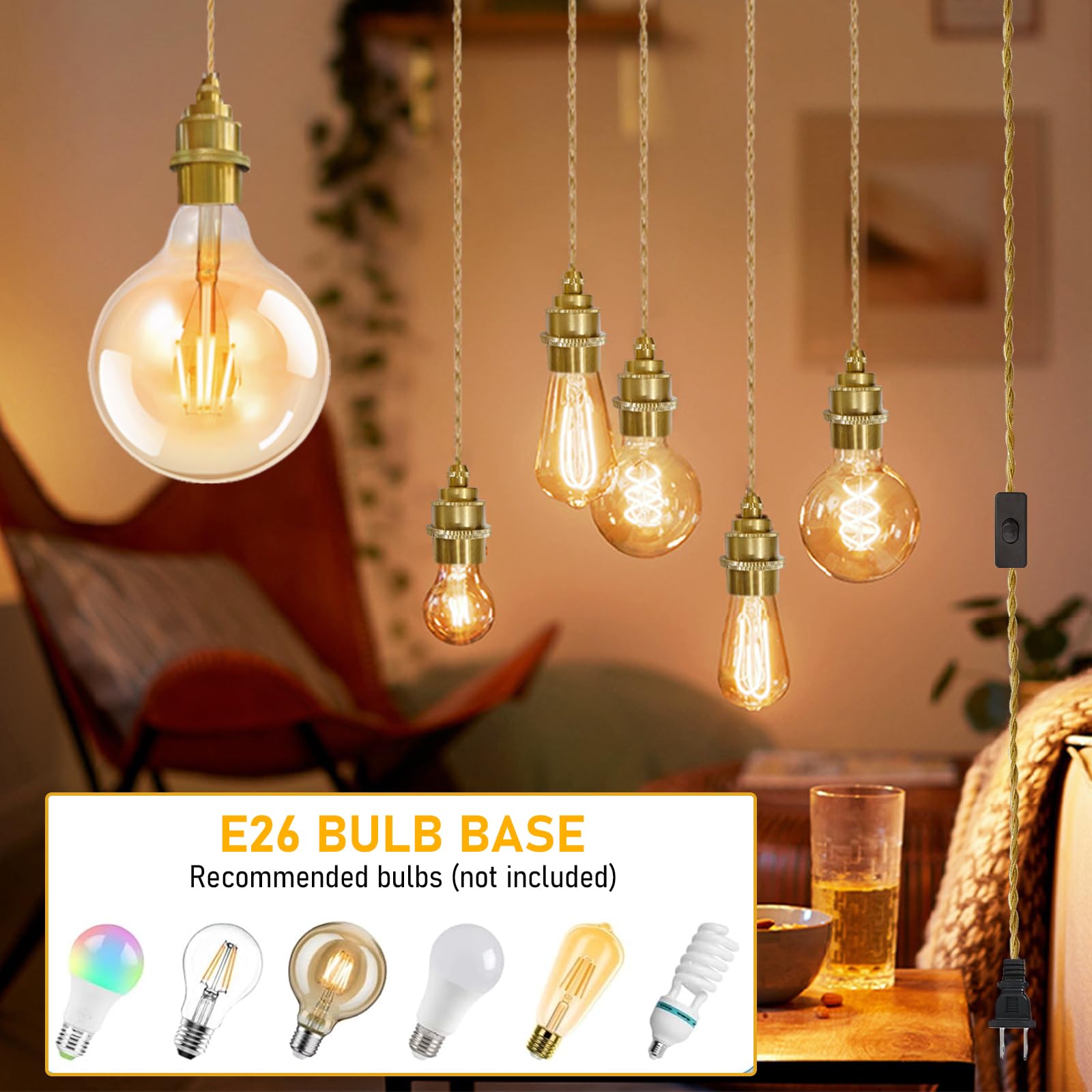 Dtiedy Gold Plug In Pendant Light Kit, Hanging Plug In Lights Fixture With Metal Ceramic E26 Socket, 11.5Ft Hanging Lights Cord