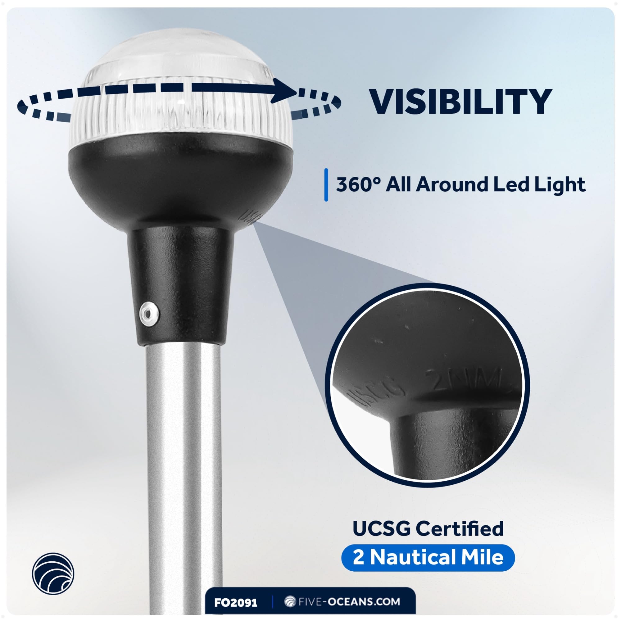 Five Oceans 9-Inch Stern Light - Stainless Steel Pole, 2NM Visibility, For Pontoon, Sport & Fishing Boats