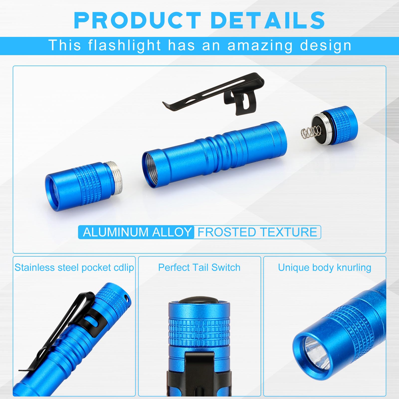Hortsun Mini Pen Light Flashlight - 3.54 Inch, Blue, Aluminum, Pocket Size, Clip-On, LED Torch, 20 Pcs for Gifts
