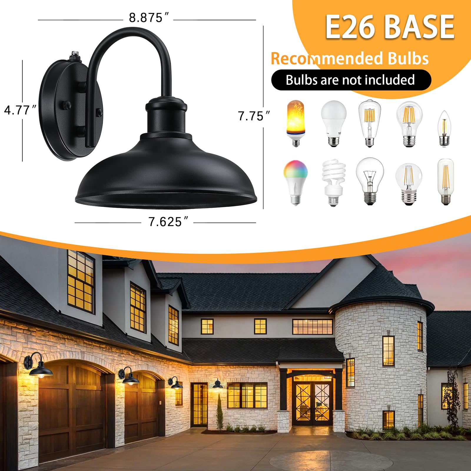 Dusk To Dawn Gooseneck Outdoor Light Fixtures, 2-Pack Farmhouse Barn Lights For Porch, Industrial Black Exterior Wall Sconce For Garage, Patio, E26 Base Anti-Rust For Garage Frontdoor Entryway Doorway