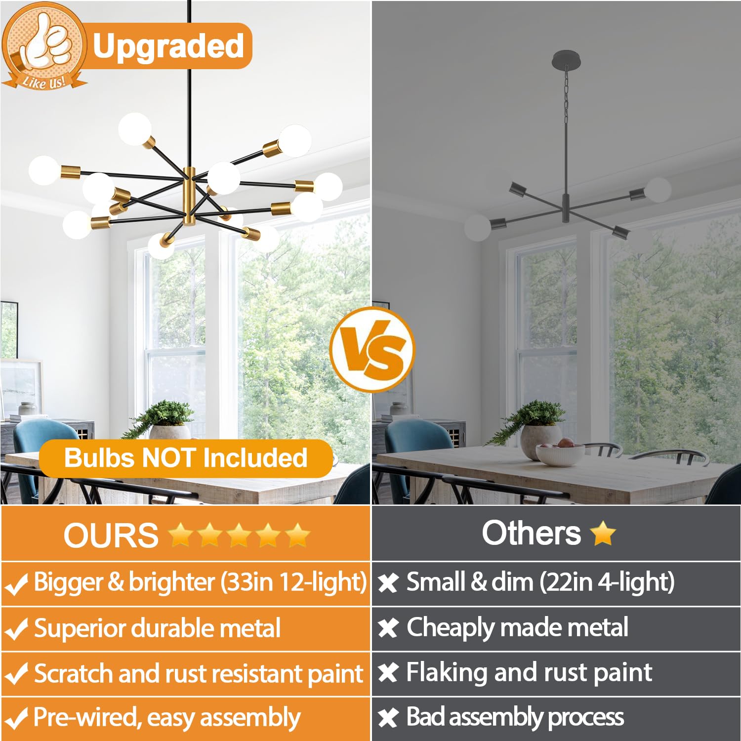 MQMQA 33in Modern Chandelier, 12-Light Sputnik Fixture, Height Adjustable, Black and Gold, Model L240083P12
