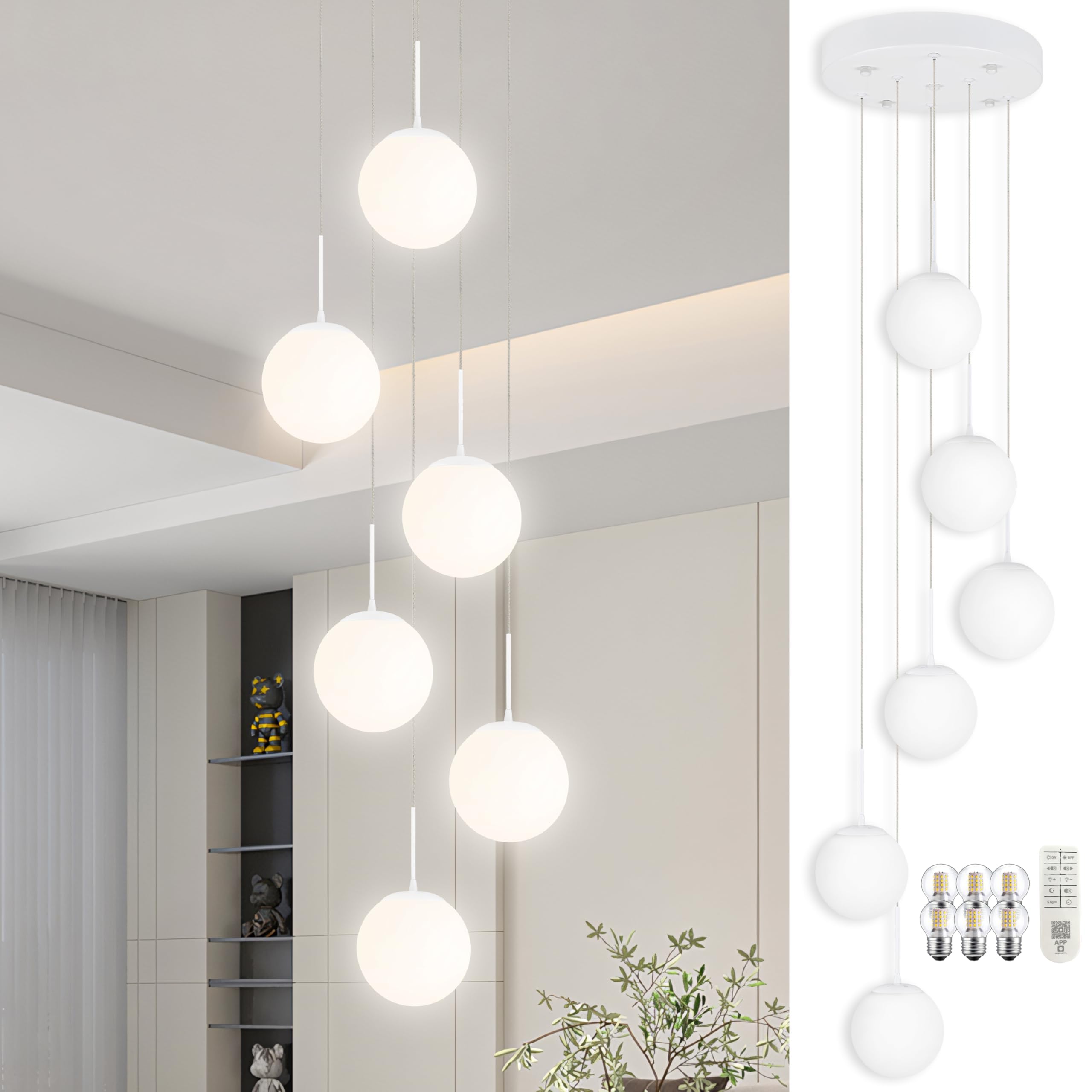 KoKo&Yukina Globe Pendant Light 6 Light White Globe Pendant Lights Kitchen Island Mid Century Light Fixture with Milky White Gla