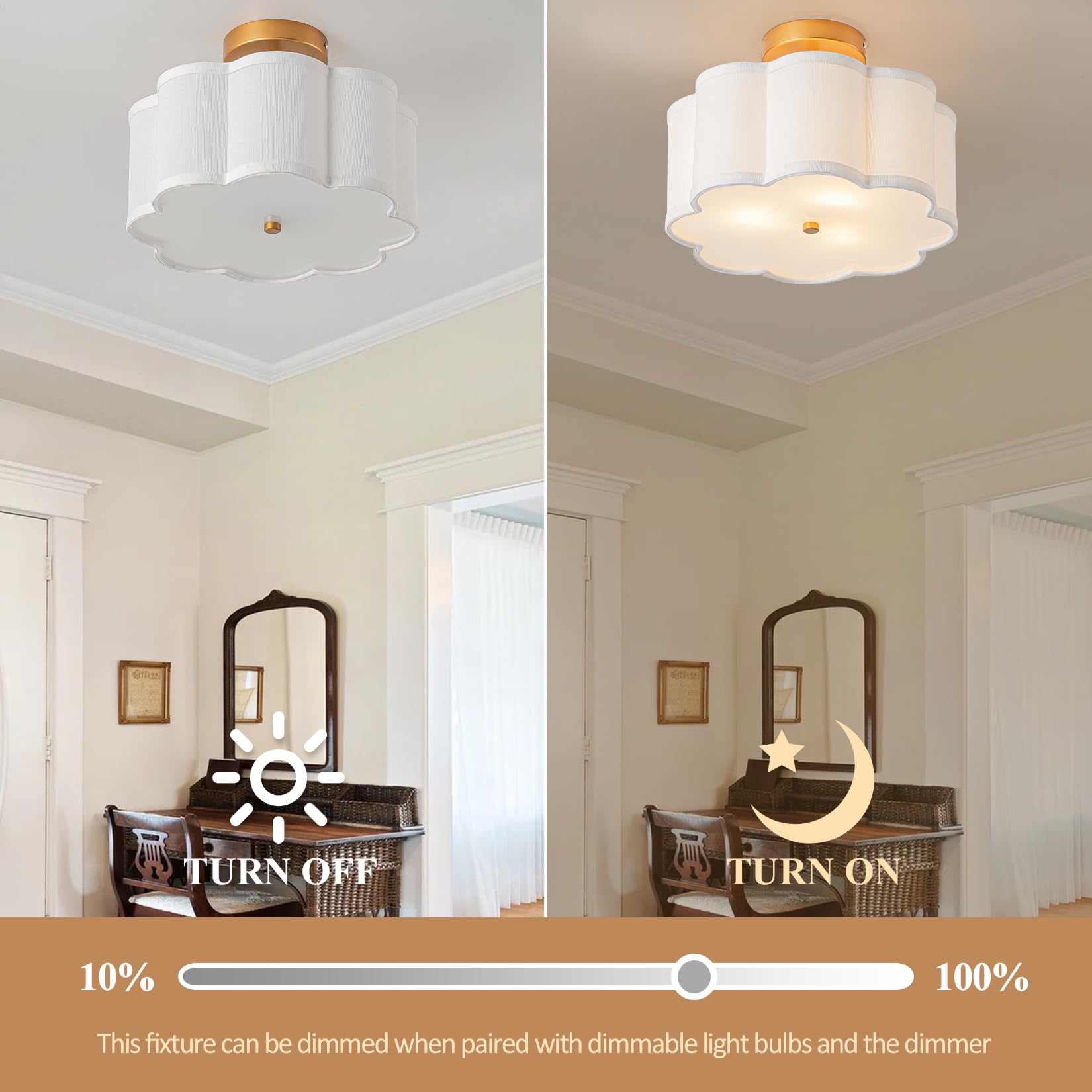 Bargeni Semi Flush Mount Ceiling Light,13-Inch Modern Ceiling Light Fixture,Gold Light Fixtures Ceiling Mount With Flower-Shaped