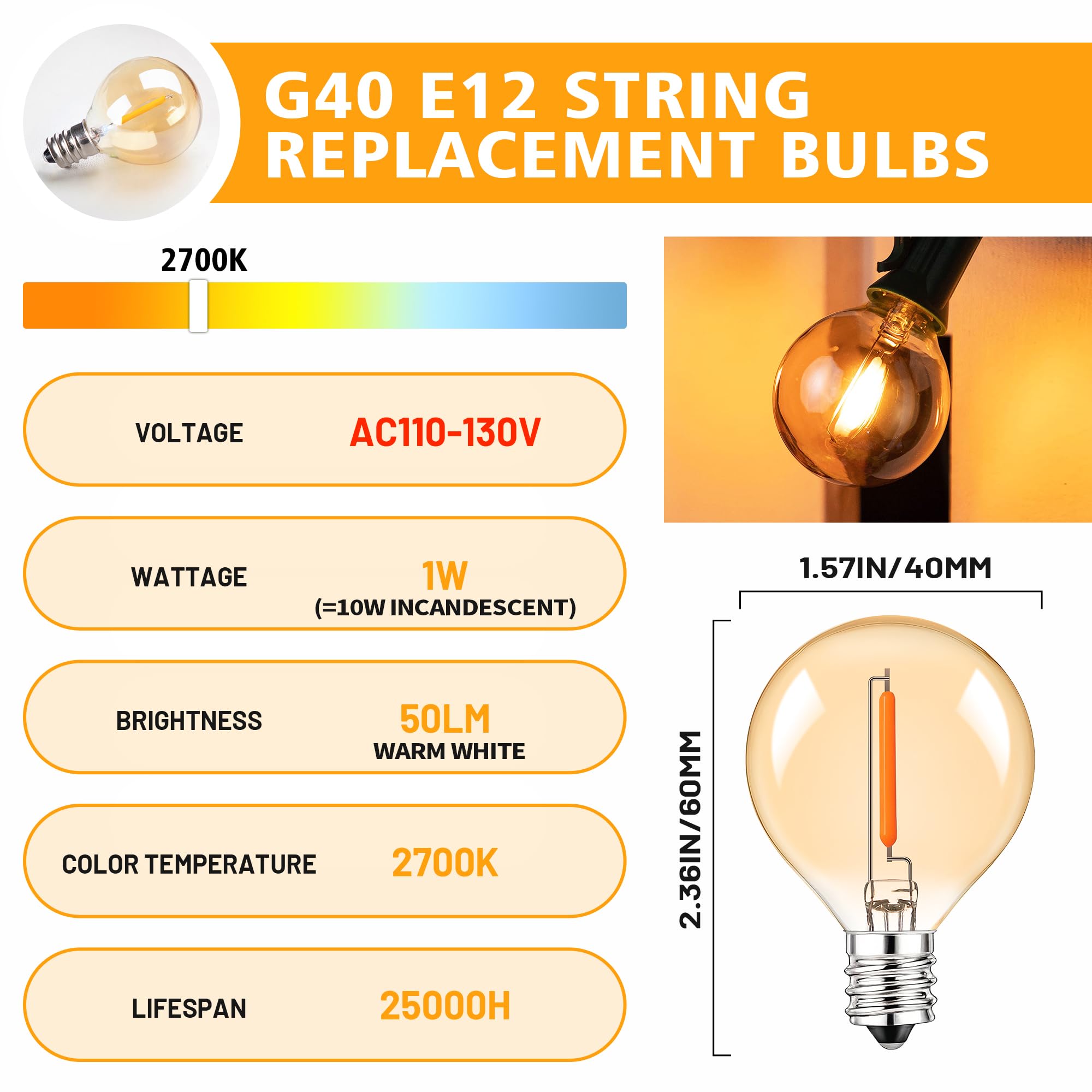 25Pack G40 Amber Glass Led Replacement Bulbs, 1W Equivalent 10W E12 Screw Base Shatterproof Globe Light Bulb For Indoor & Outdoo