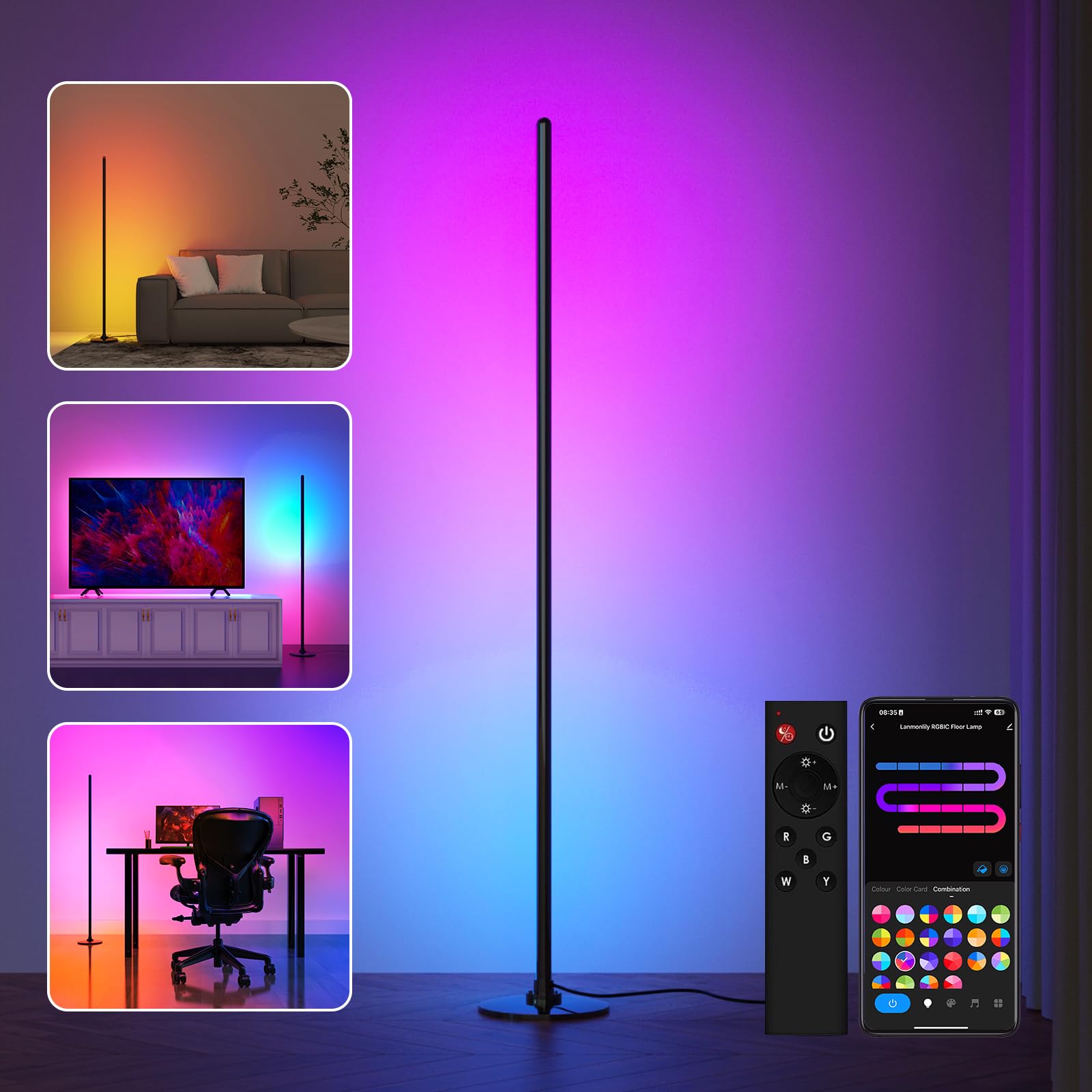 Lanmonlily LED Floor Lamp, Corner Floor Lamp with Alexa, Smart Modern Floor Lamp with Music Sync 16 Million Colors & 68+ Scene R