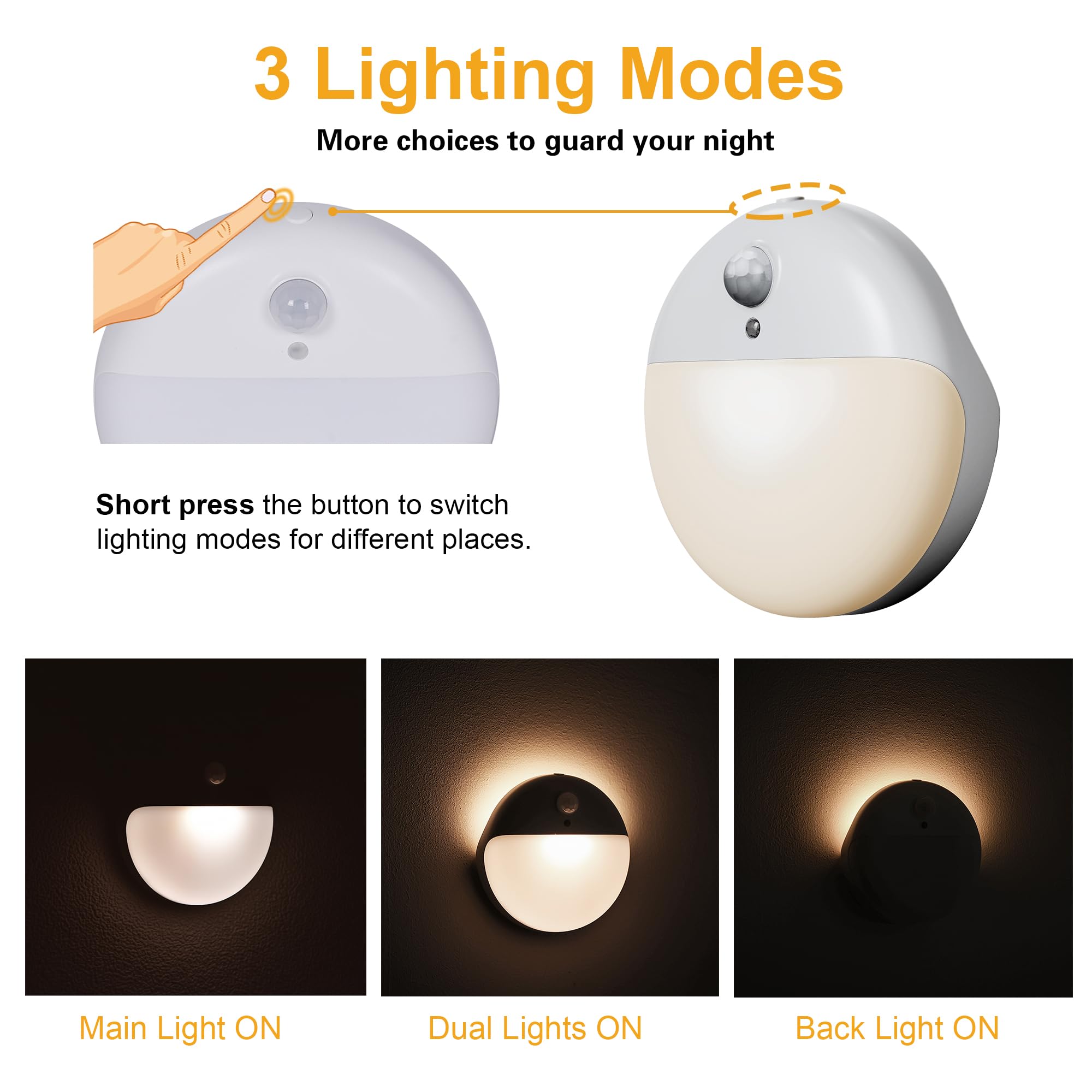 Yunlex 2 Pack Stair Lights Indoor, Stick On Lights, Motion Sensor Night Light, 3 Modes, Dimmable, Portable Battery Night Light F