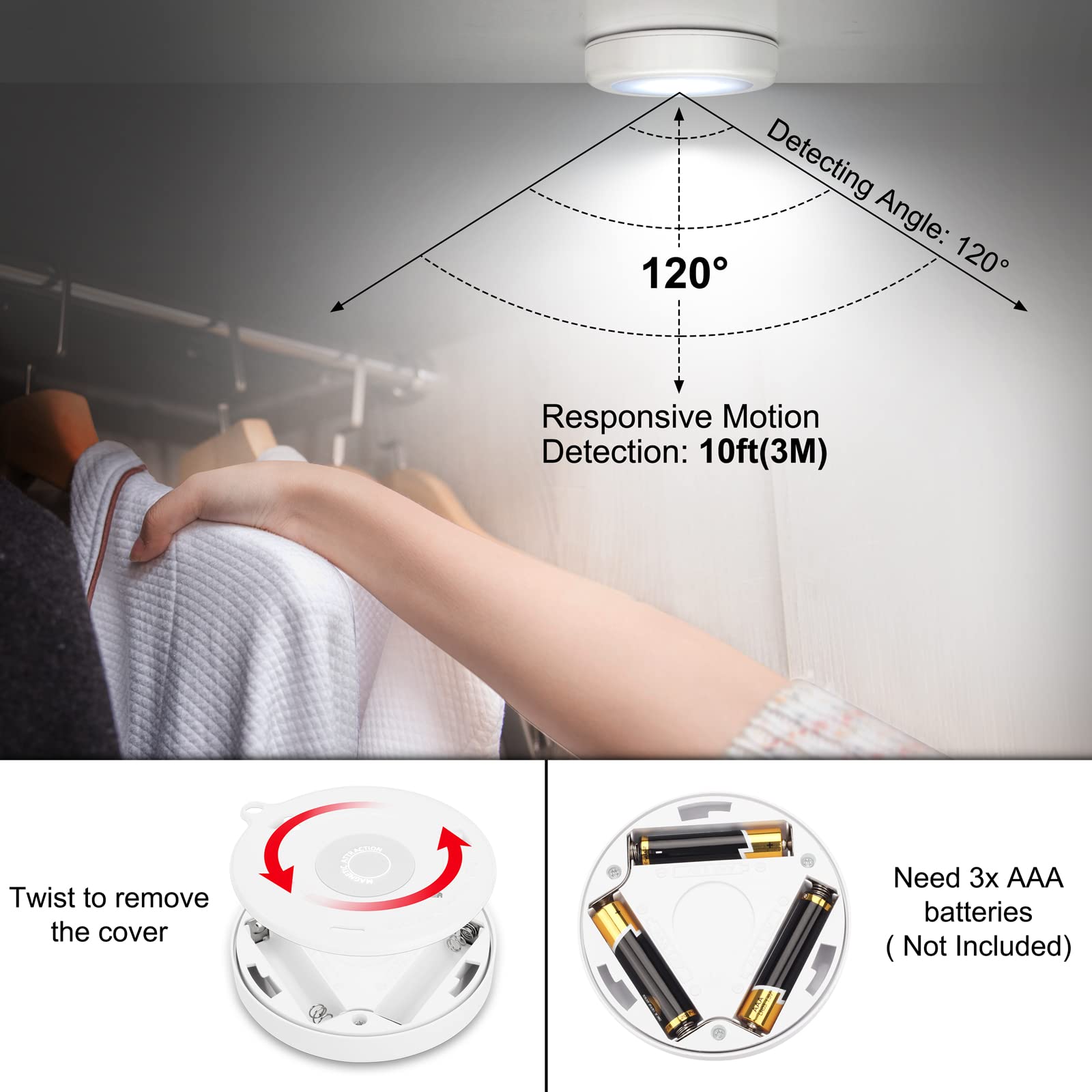 Mlambert LED Night Light 4 Pack, Motion Sensor, Cordless, Battery-Powered, Plastic, Cool White