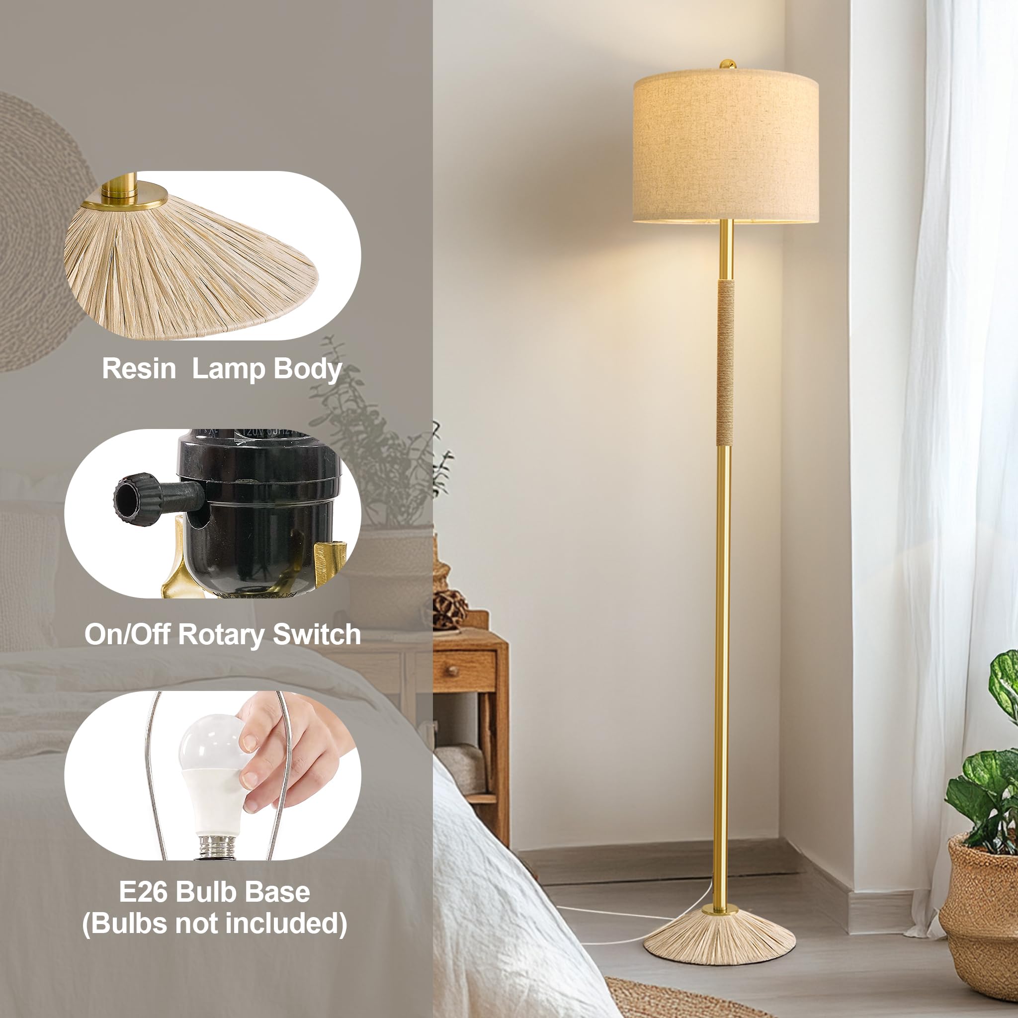 Oneach 63    Modern Floor Lamp For Living Room, Gold Boho Standing Lamp With Unique Rope Design, Rotary Switch, Farmhouse Tall L