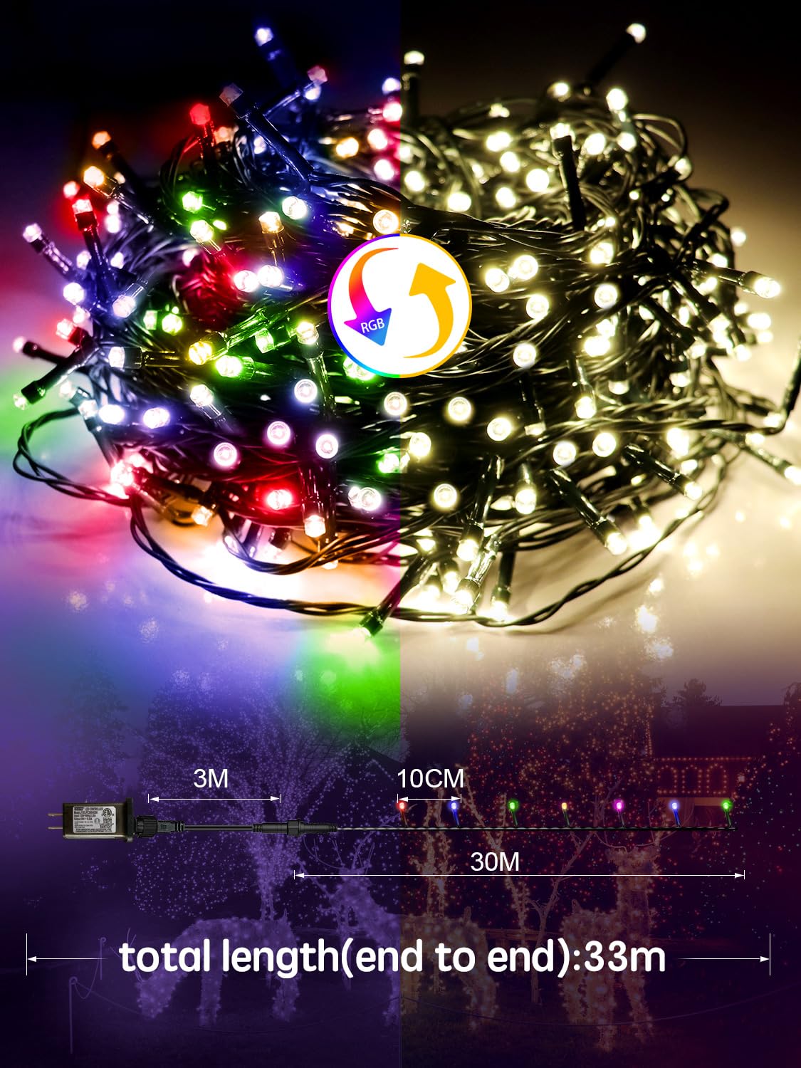 Acan 115FT 300 LED Christmas Lights, Warm White & Multicolor Color Changing, Waterproof, Remote Control, Model DRCR100