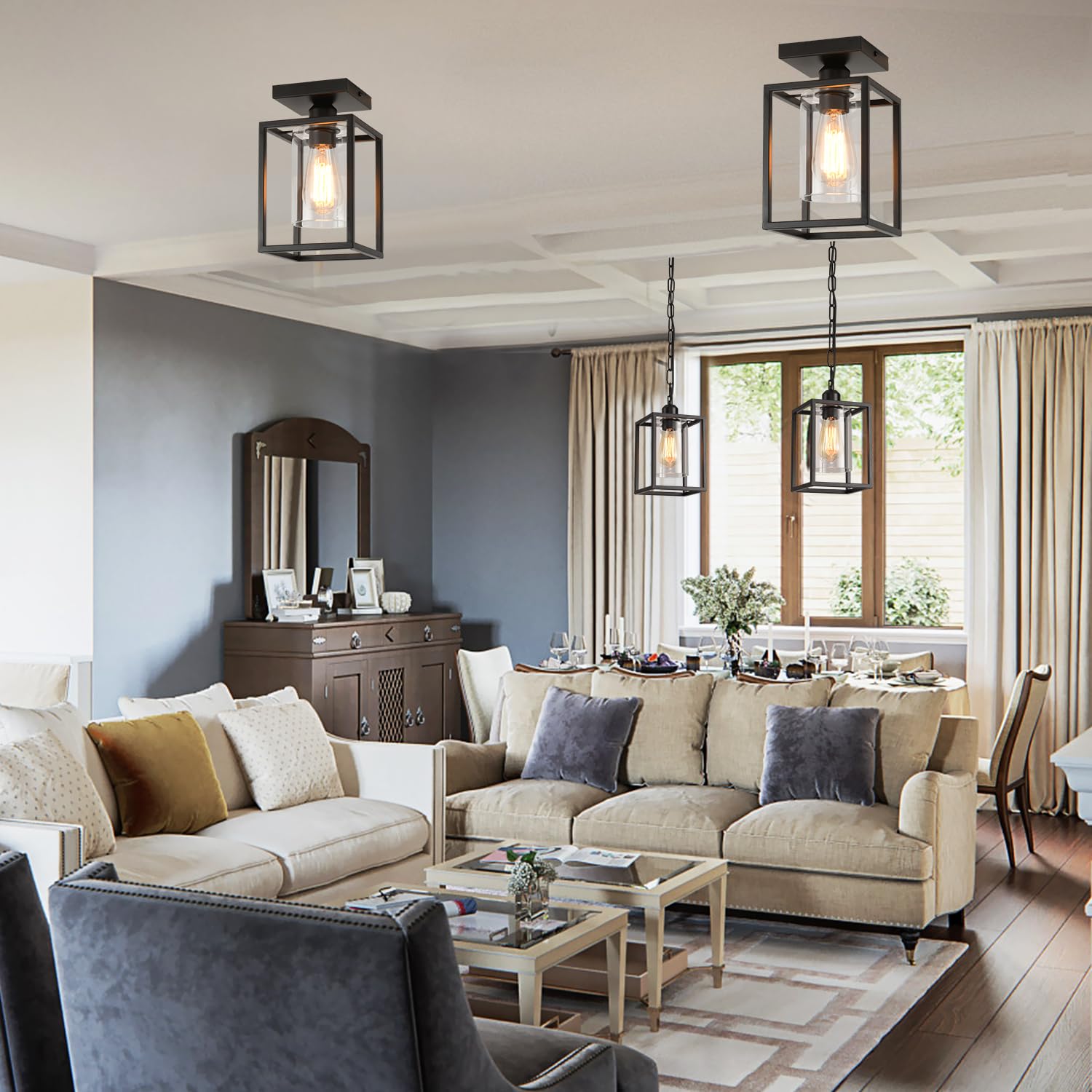 Ihengyanlt 2 Pack Farmhouse Pendant Light,Black Metal Frame Hanging Light Fixture With Clear Glass Shade, Adjustable Chains Indu