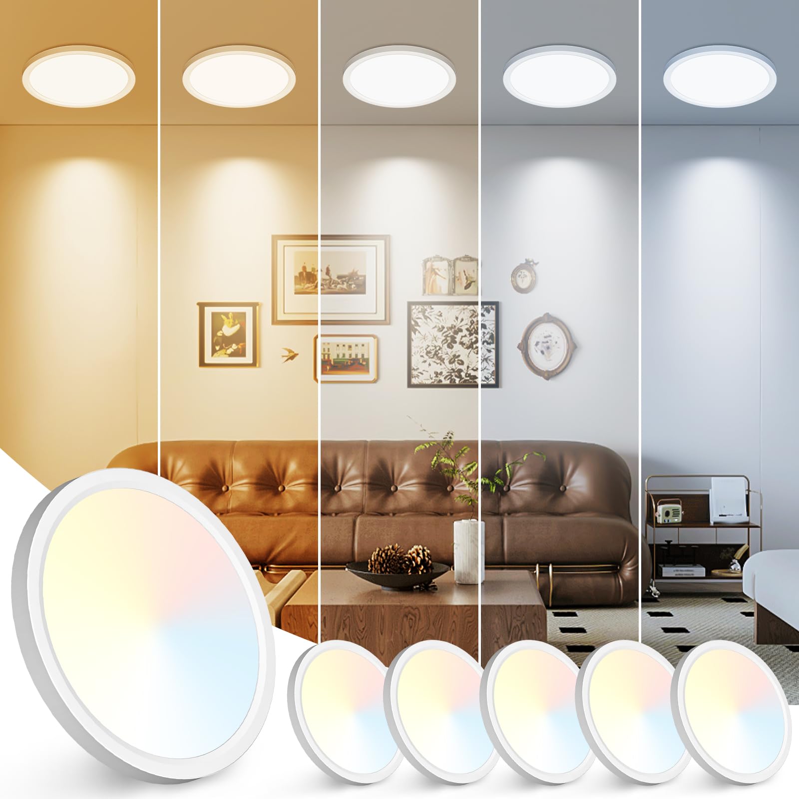 Peasur 7 inch LED Ceiling Light, 3000K/3500K/4000K/5000K/6500K Adjustable Flush Mount Light Fixture,1500LM 15W Thin White Round 