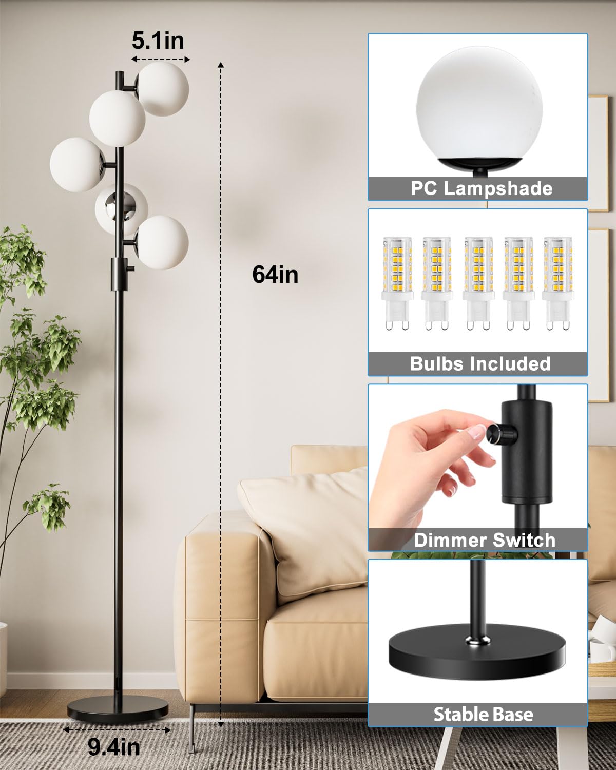 Lightdot 5-Globe Dimmable Globe Floor Lamp Black Retro Standing Lamps With 5Pcs 3000K G9 Bulbs Stepless Brightness Adjustable Mi