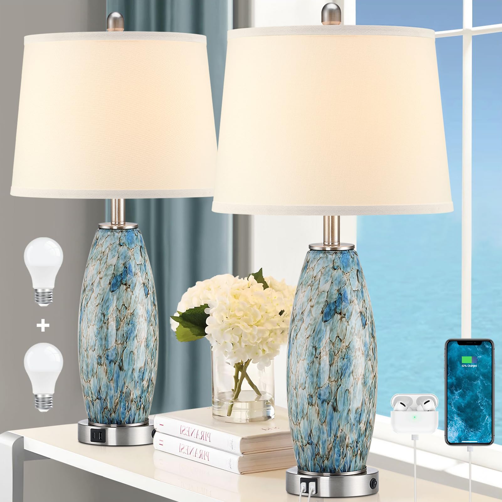 29 Tall Table Lamps Set of 2  Large Modern Lamps for Bedroom with Nightlight  Coastal Bedside Lamps with USB C+A  Glass Nightstand Table Lamps for Living Room  Bulbs Included