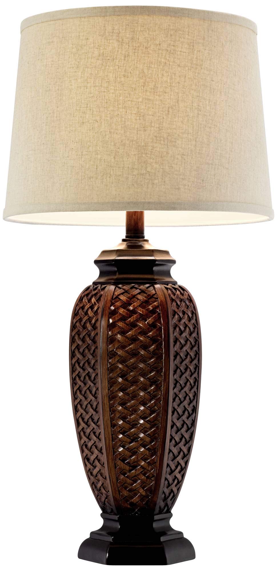 Regency Hill Tropical Natural Cottage Jar Table Lamps 29'' Tall Set Of 2 Weathered Brown Woven Wicker Beige Linen Fabric Drum Sh