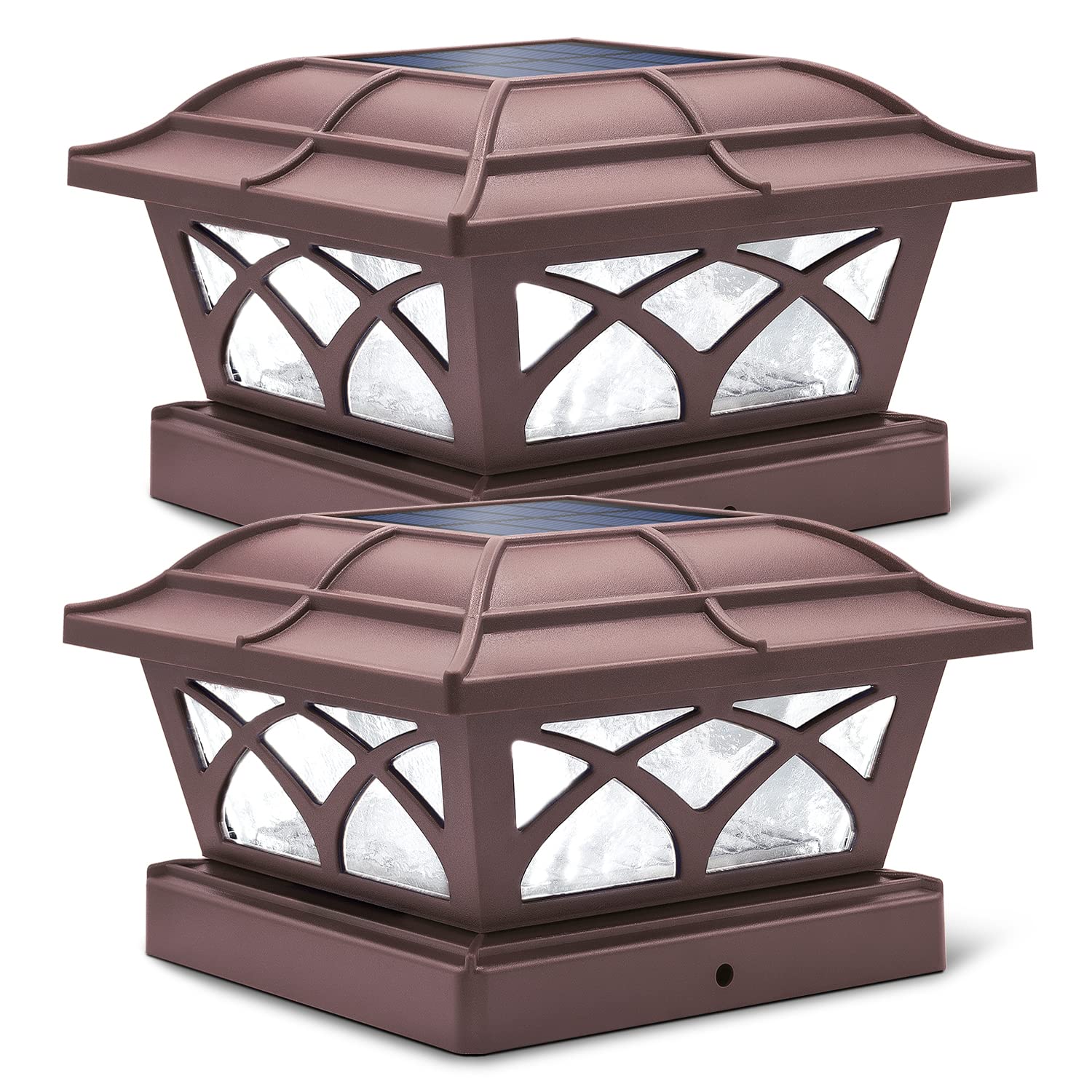 SIEDiNLAR Solar Post Cap Lights, Glass, 8 LEDs, Brown, 2 Pack, Warm & Cool White, Fits 4x4, 5x5, 6x