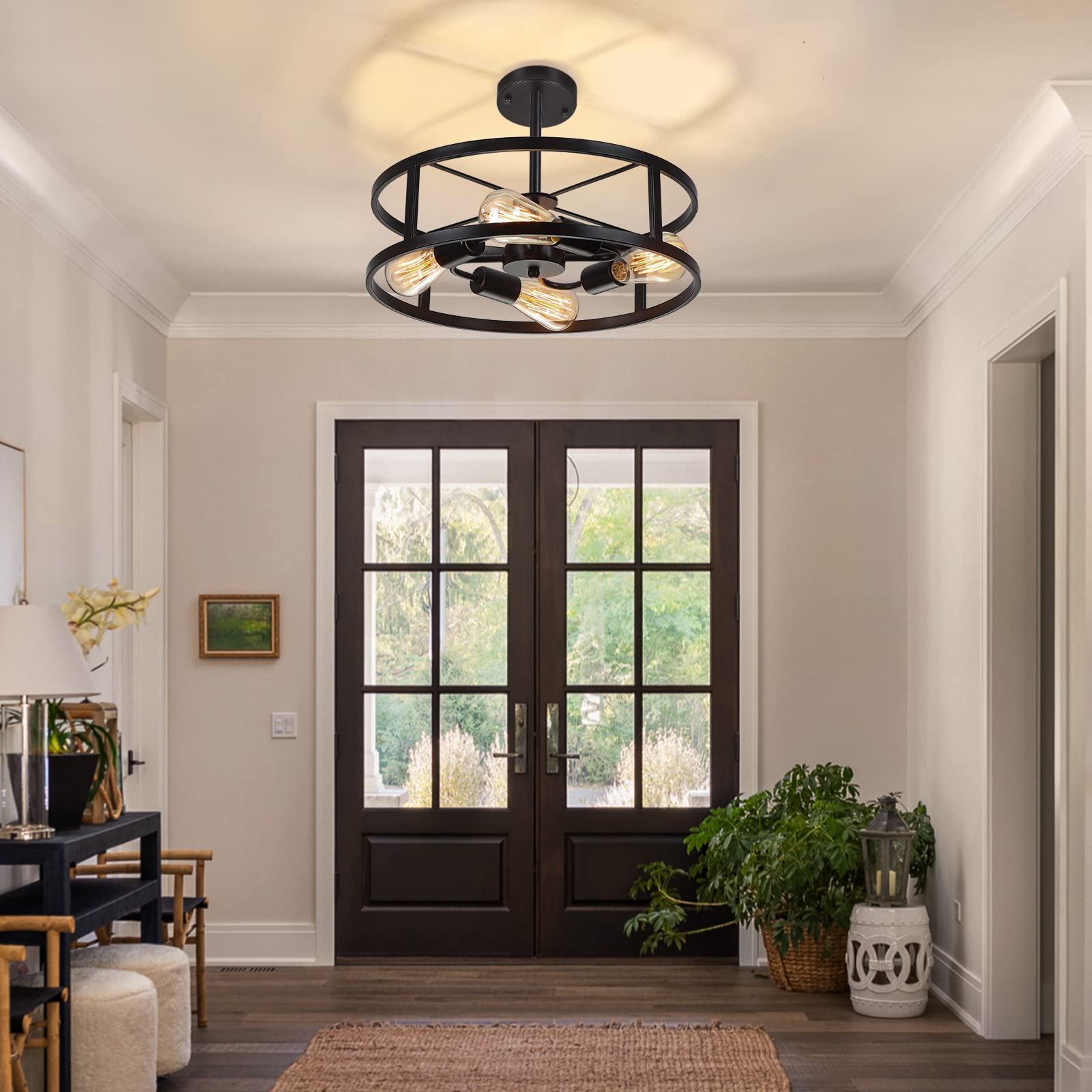 Heircido Black Semi Flush Mount Ceiling Light,Industrial Farmhouse Sloped Lights Fixture, Adjustable Height Metal Lighting For K