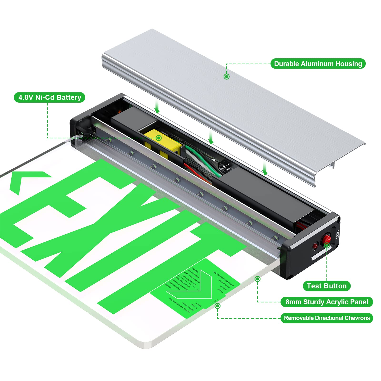 Led Edge Lit Exit Sign Aluminum Housing Ac 120-347V Emergency Exit Light With Battery Backup Single Sided Acrylic Clear Panel Commercial Exit Signs, Top/Side/Wall Mount, Ul Certified (2 Pack, Green)