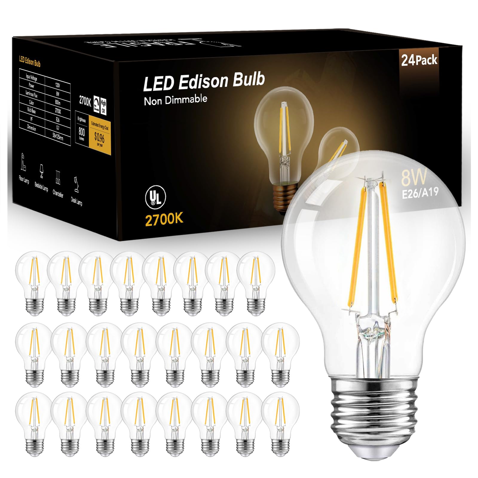 dalattin Vintage LED Edison Bulbs, 60W Equivalent, 2700K Soft White, Glass, 24 Pack