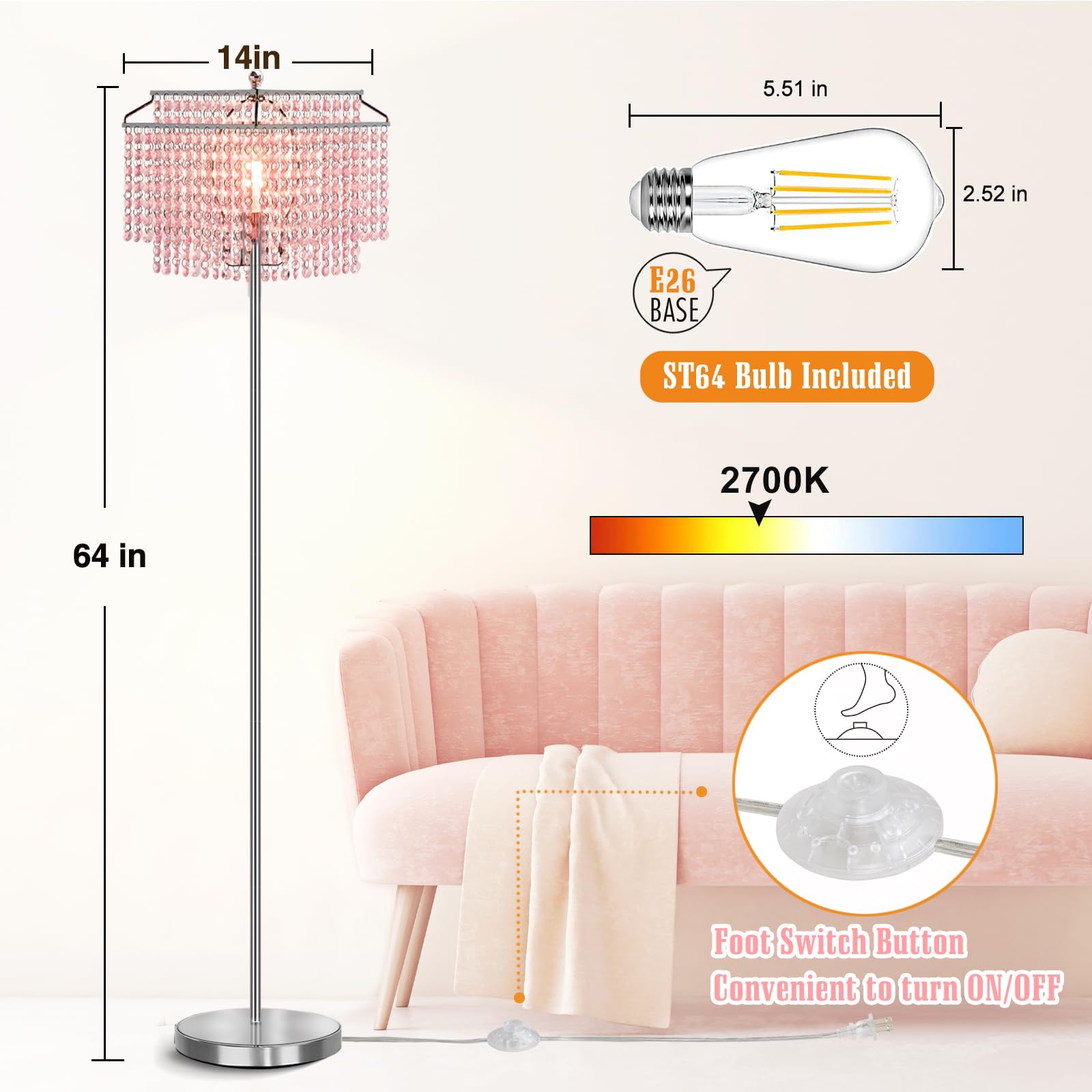 Luvkczc Pink Crystal Floor Lamp, 64" Tall Metal Standing Lamp with Double-Layer Lampshade, On/Off Foot Switch for Living Room and Office