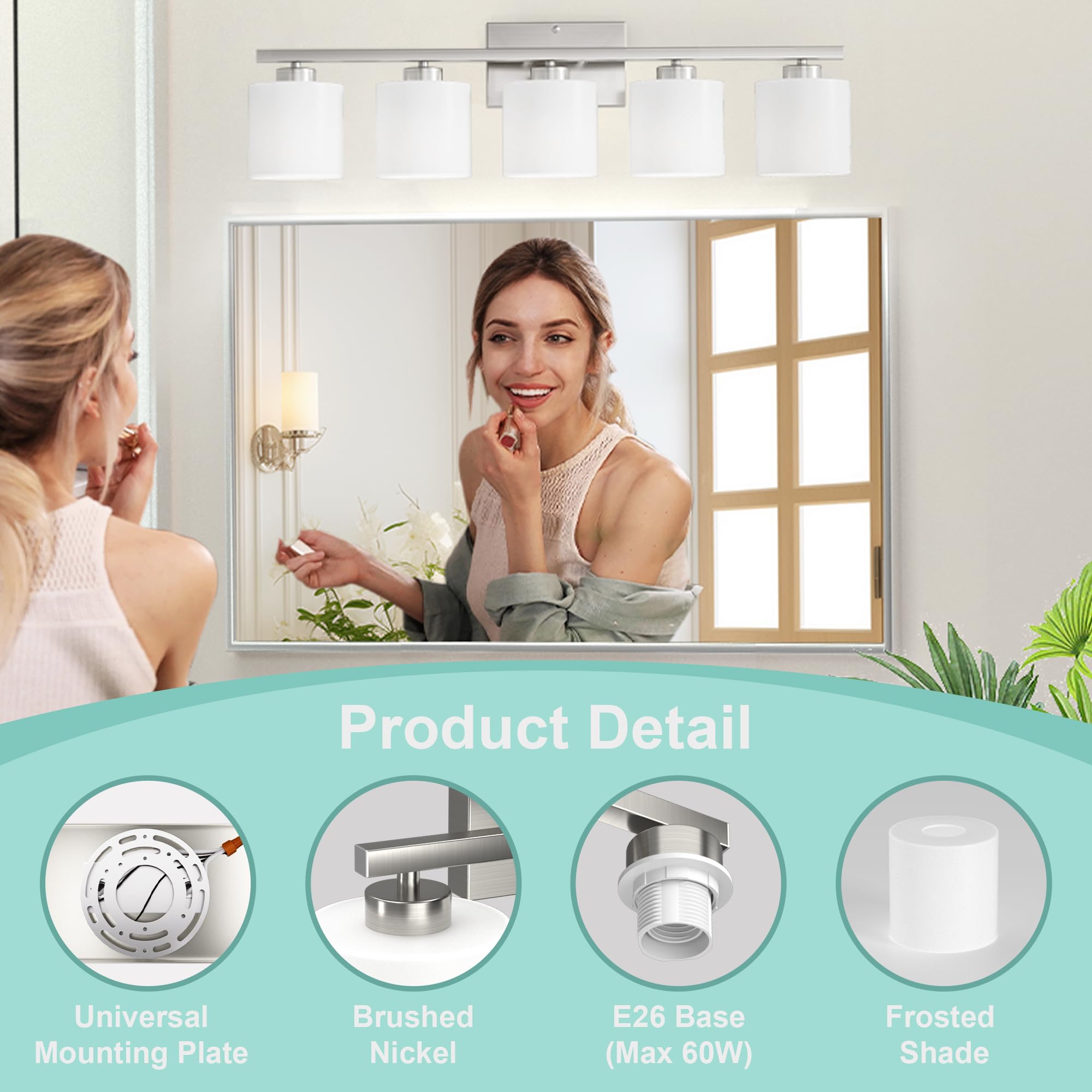 Honesorn 5-Light Bathroom Vanity Light Fixtures, Brushed Nickel, Modern Design with Frosted Shade, E26 Base