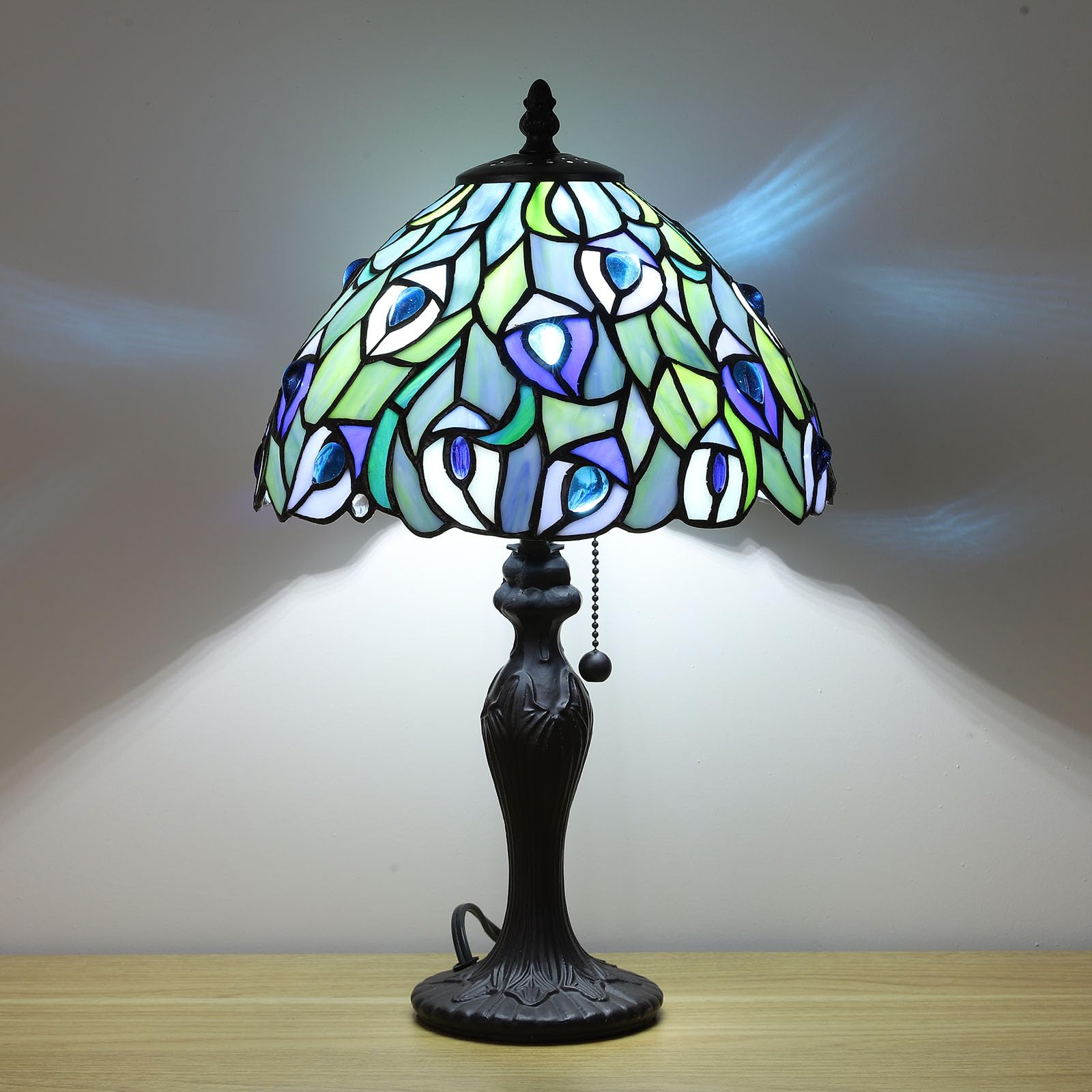 Fumat Tiffany Table Lamp For Living Room Blue Phoenix Tail Stained Glass Table Lamps For Bedroom Hand-Made 3 Color Temperature B