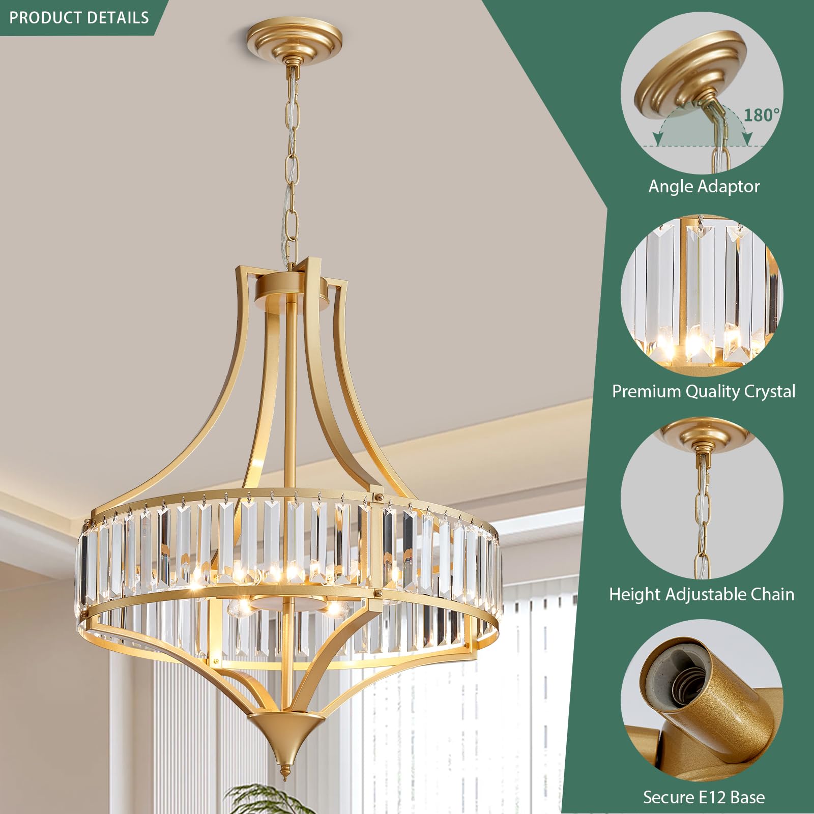 Avzkcy Modern Gold Crystal Chandelier, 6-Light Round Pendant Lighting Fixtures, 21.6'' Height Adjustable Ceiling Light For Livin