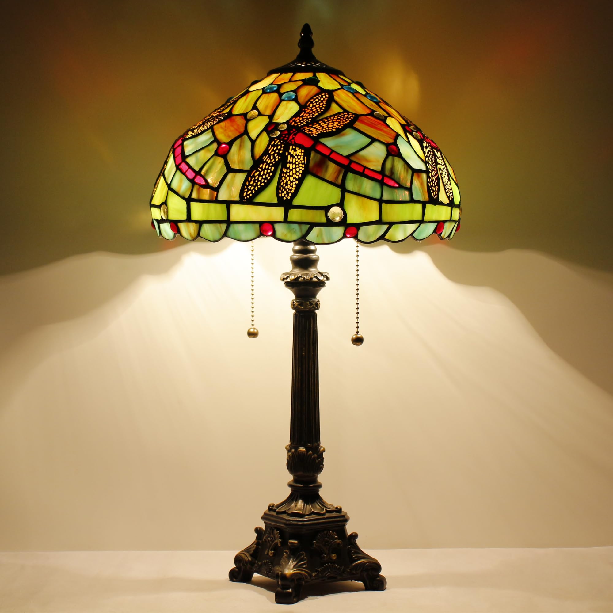 L-Juicwe Tiffany Table Lamp Green Red Stained Glass Desk Lamp 12X12X21 Inches Dragonfly Style Reading Light