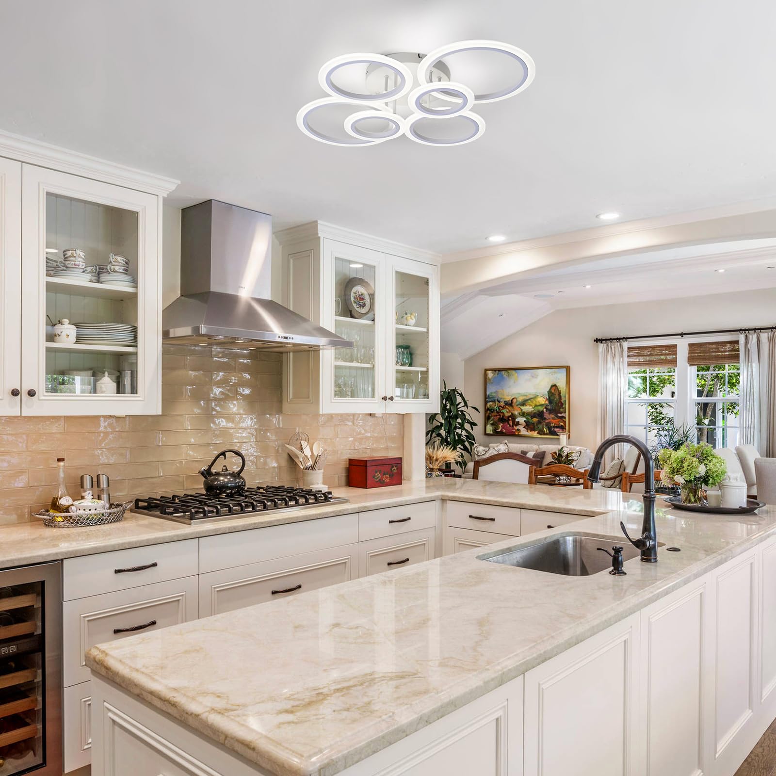 Teminbu Modern Led Ceiling Light, White 6 Rings Flush Mount Ceiling Light, 4000K Lighting Fixture Ceiling Lamp For Kitchen, Bedroom, Living Room, Laundry Room