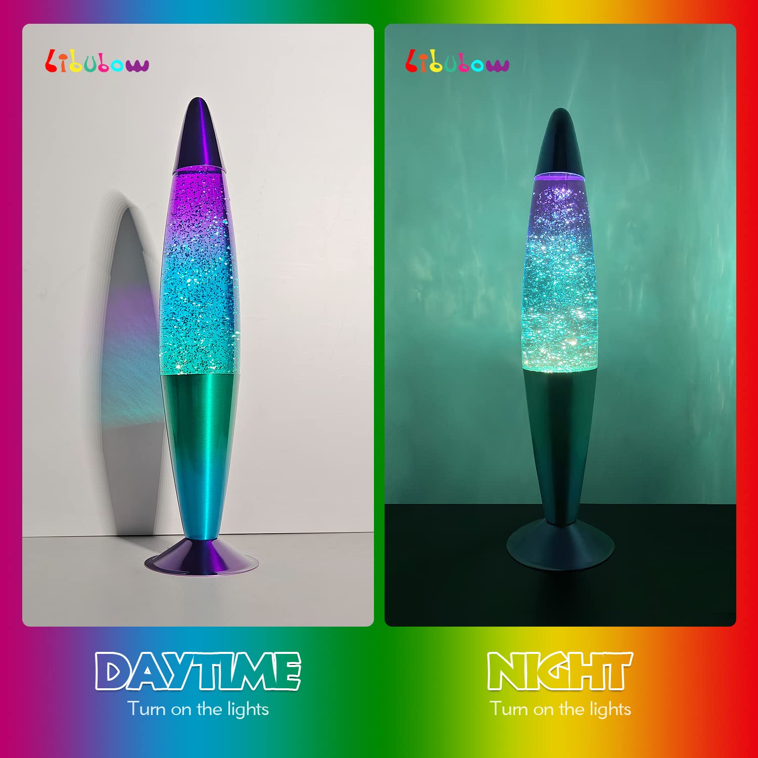 16 Inch Green Blue Purple Rainbow Glitter Lamp, 2 Bulbs, Night Light Rainbow Lamp, Relaxing Mood Lighting Night Light For Adults, Kids, Teens, Home Room Office Decor, Present