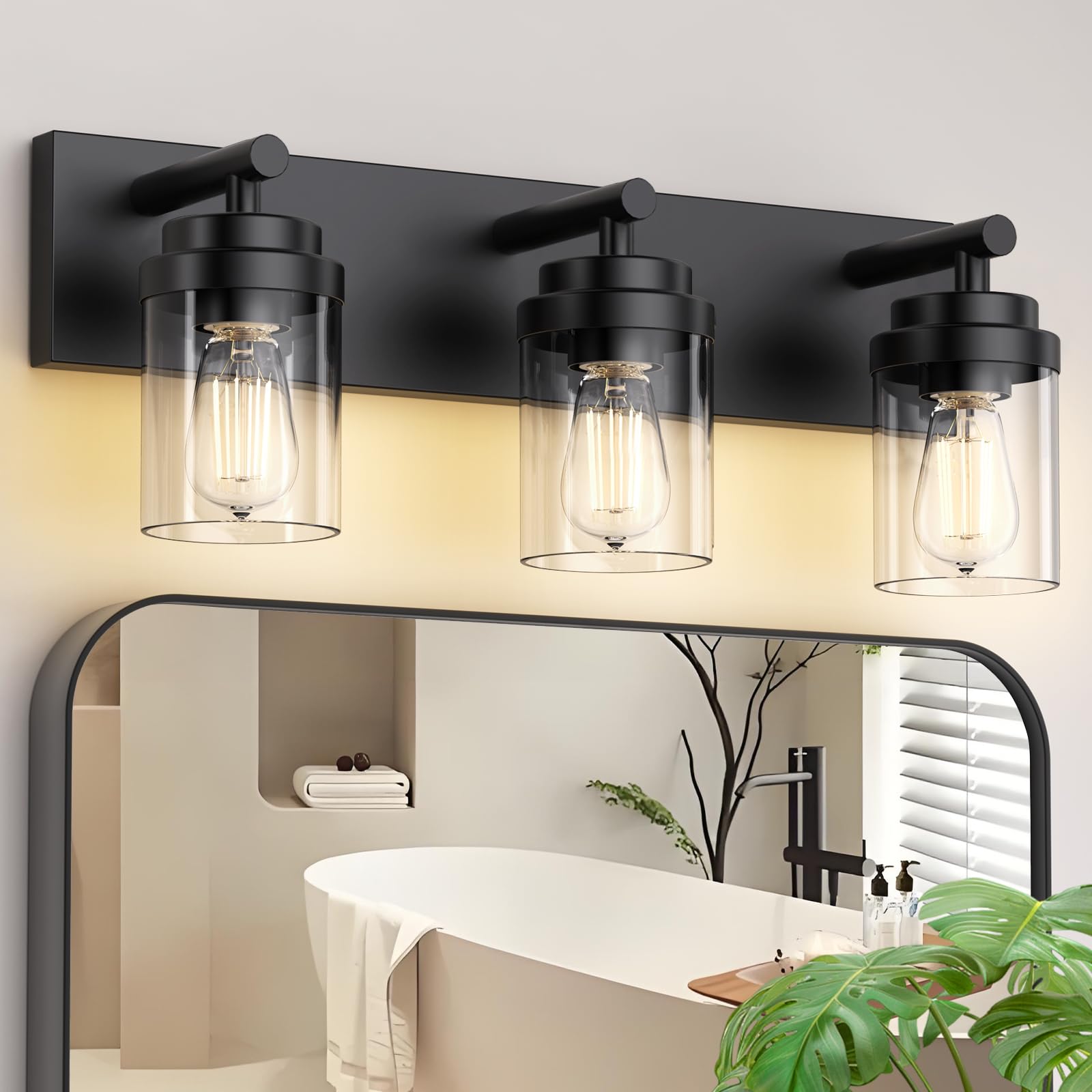 Izorro Bathroom Vanity Light Fixture  3-Light 22 Inch Matte Black Bathroom Light Fixtures Over Mirror  With Clear Glass Shade  Modern Farmhouse Vanity Lights  Rustic Restroom Lighting Fixtures