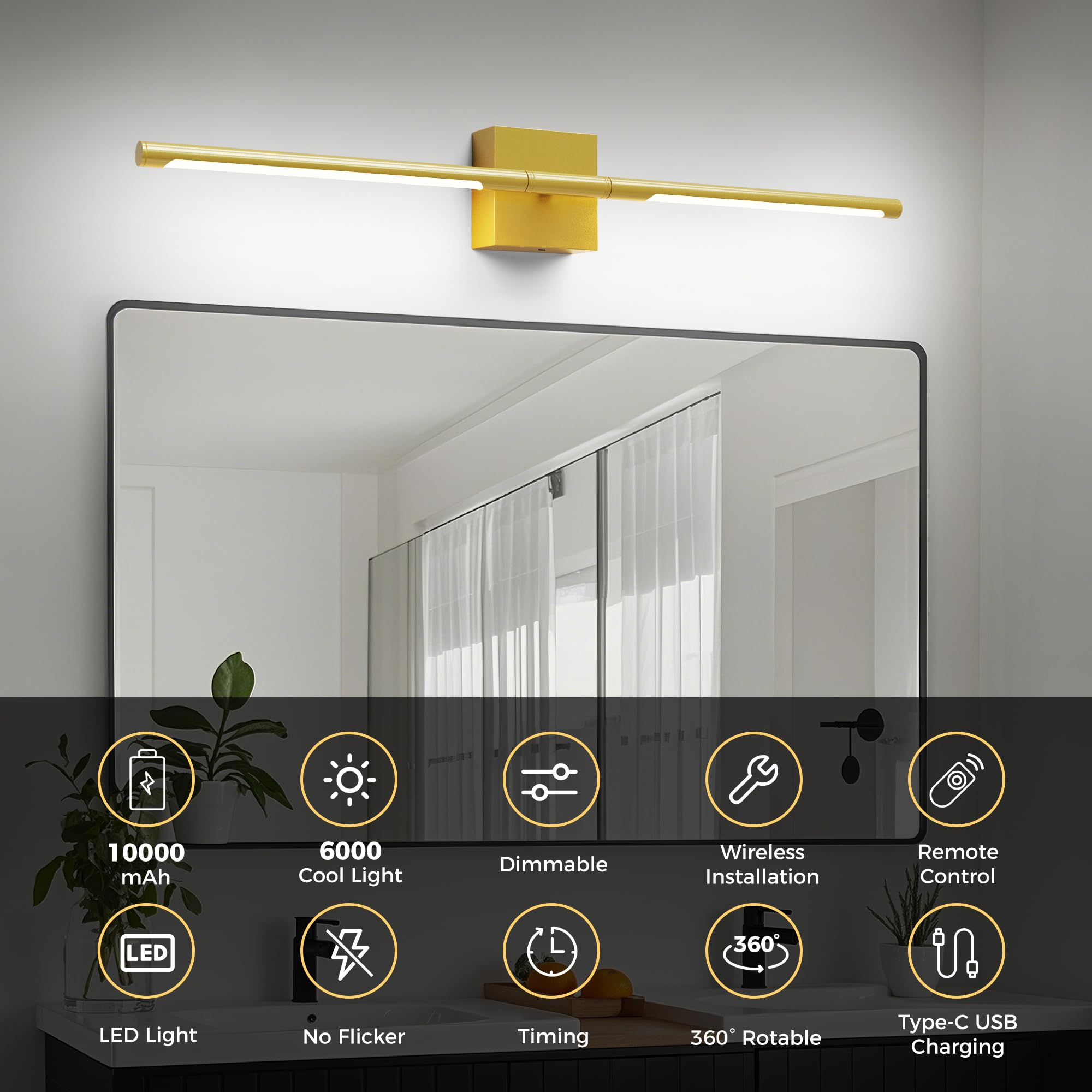 L Lohas Led Battery Operated Wall Sconces Set Of 2, Battery Wall Sconce 10000Mah, Gold Rechargeable Sconces 6000K, 28.3 Inch Wir