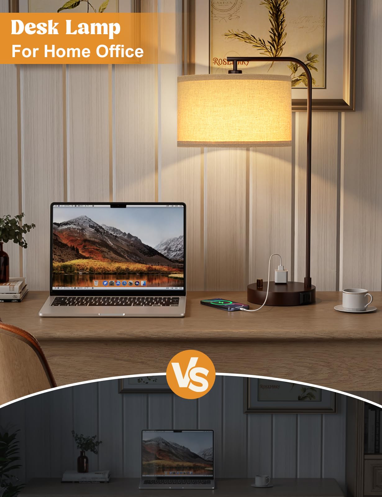 Brown Side Table Lamp With Usb Port And Outlet, Dimmable Nightstand Bedside Lamps With Linen Lampshade, Desk Lamp For Bedroom, L