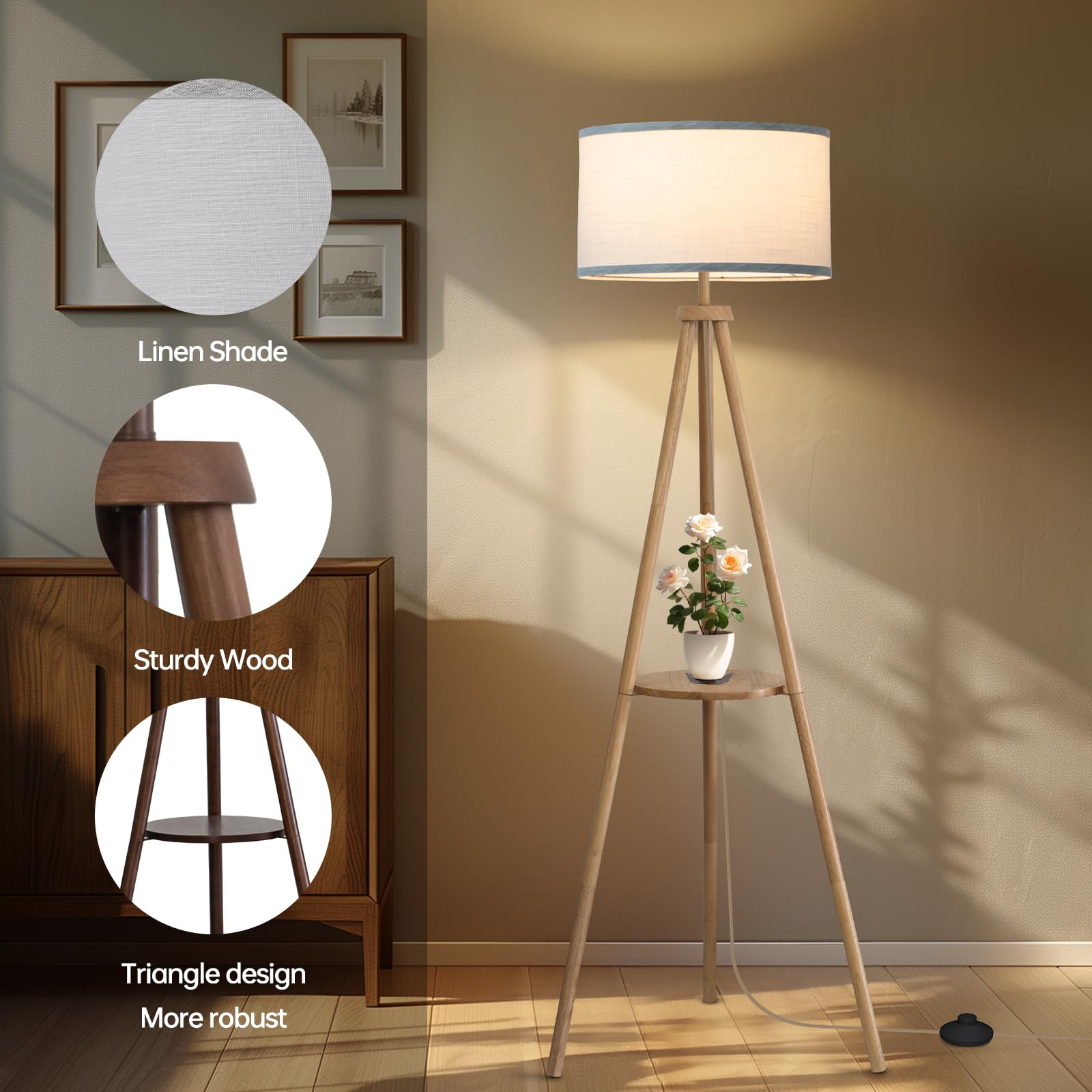 Eoeyyoyb Floor Lamp With 3 Light Modes Adjustable- Wood Tripod Floor Lamp Modern Led Standing Lamp With Dimmable Brightness, Per