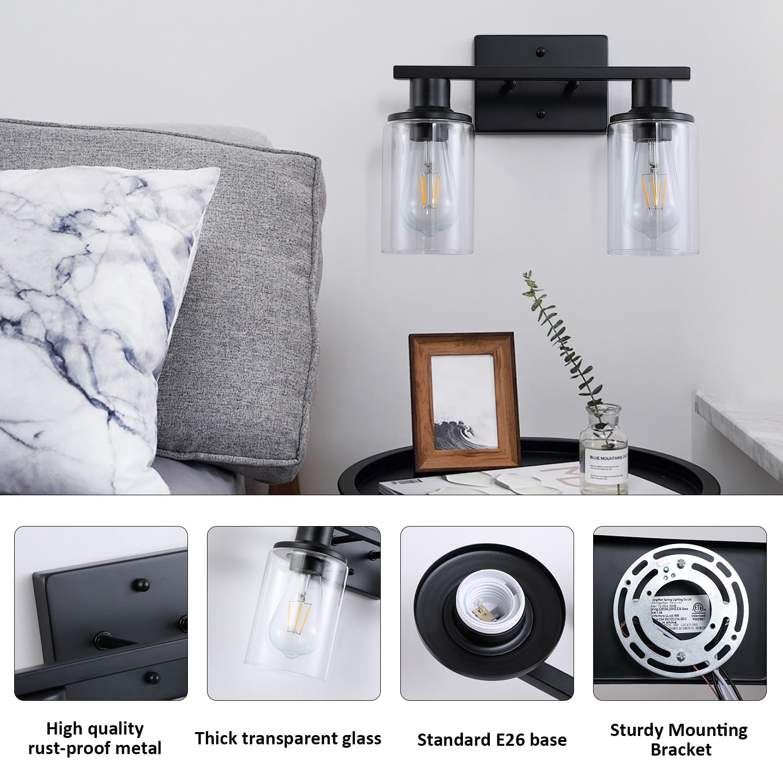 Litaddscen 2 Pack Matte Black Bathroom Light Fixtures Over Mirror,2-Light Bathroom Vanity Light With Clear Glass Shade,Modern Fa