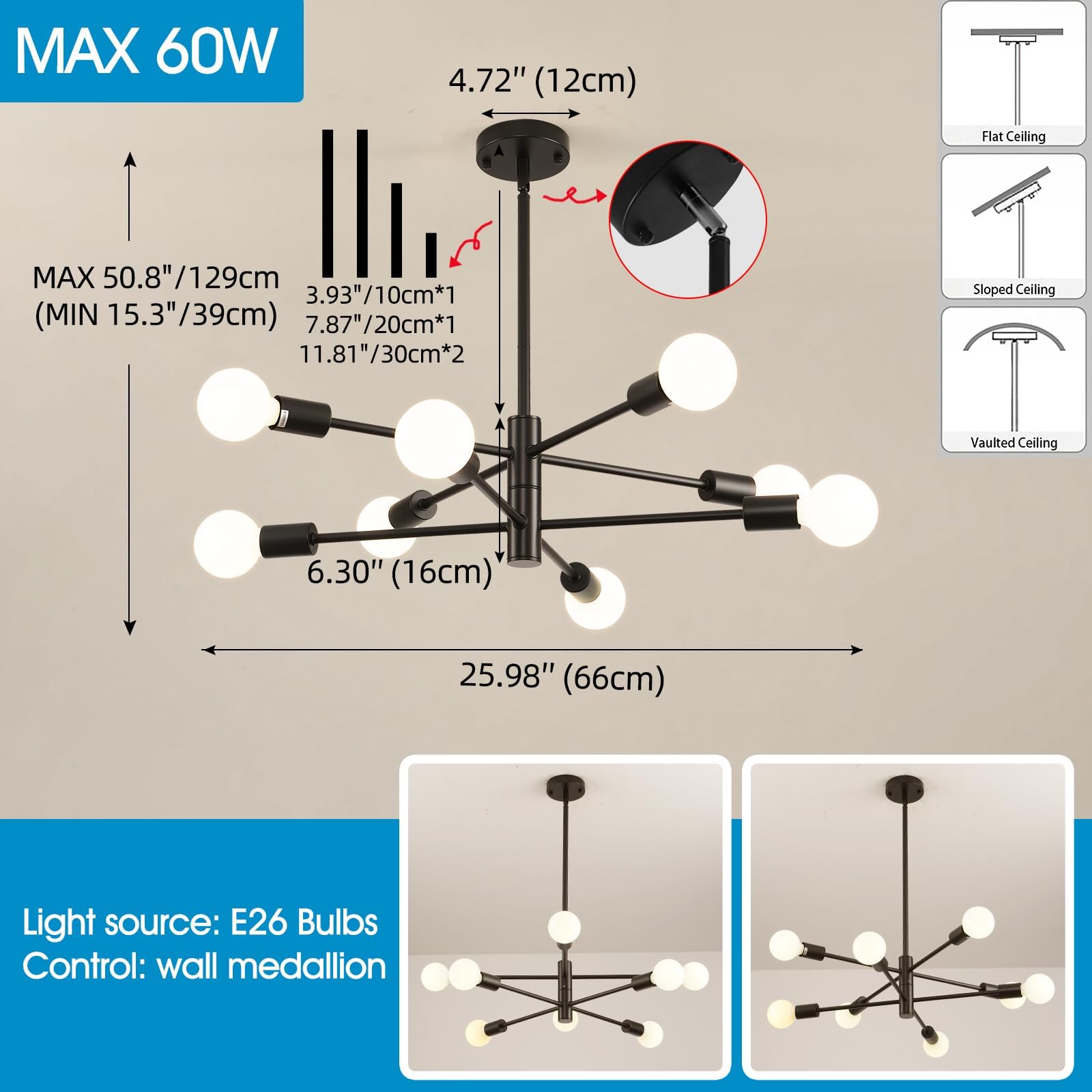 HHR Modern Sputnik Chandelier, 8-Light Black Ceiling Light, 26" Adjustable Fixture for Kitchen, Dining, Living Room, Model 9916-8