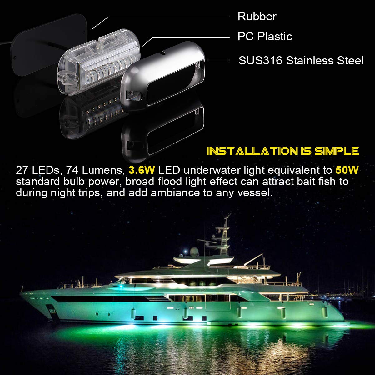 Kawell 27 LED LED Underwater Boat Yacht Lights Waterproof IP68 SUS316 Stainless Steel Pontoon Marine Transom Lights for Swiming