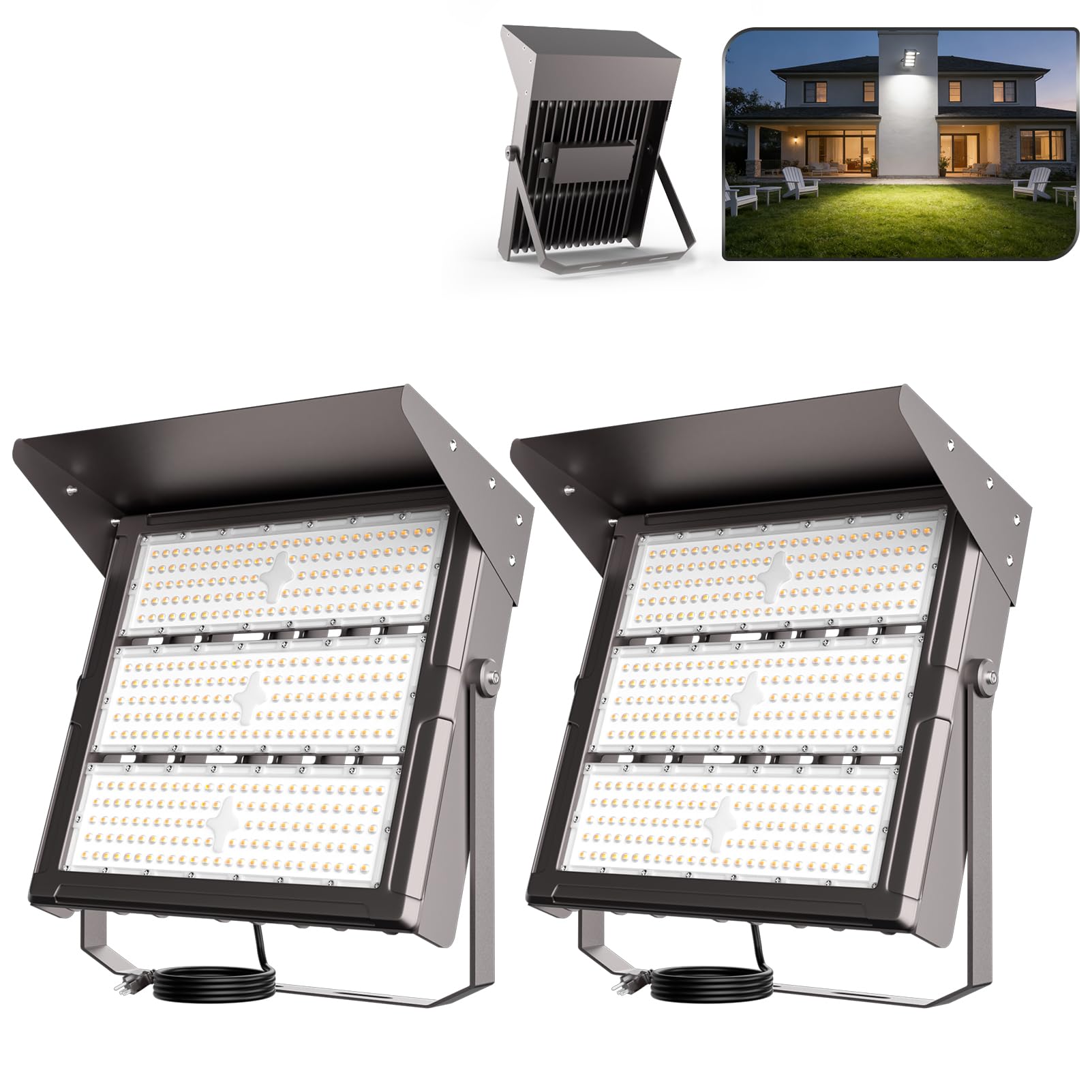 Upgrade 400W Outdoor Flood Lights with Brim AC100-277V LED Stadium Lights 60000Lm Eqv. 1600W HPS IP65 Waterproof Area Lighting with Adjustable U Bracket-2Pack