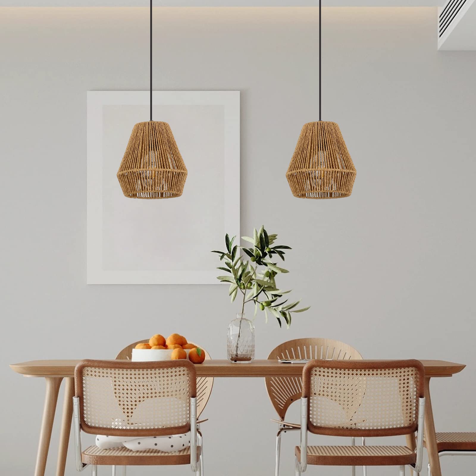Pindodo Woven Pendant Light,7" Boho Hanging Lamp With Handwoven Rattan Lamp Shade,Coastal Farmhouse Pendant Light Fixtures For Kitchen Island Bedroom Living Room Bar Foyer Hallway,2 Pack