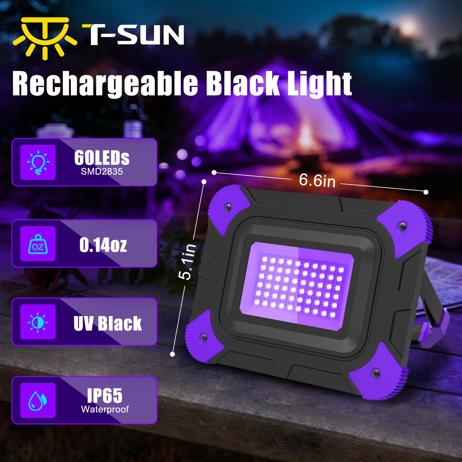 T-SUN Rechargeable Black Lights, Battery Powered Black Lights for Fishing Portable Blacklights for Glow Party Body Paint Fluores