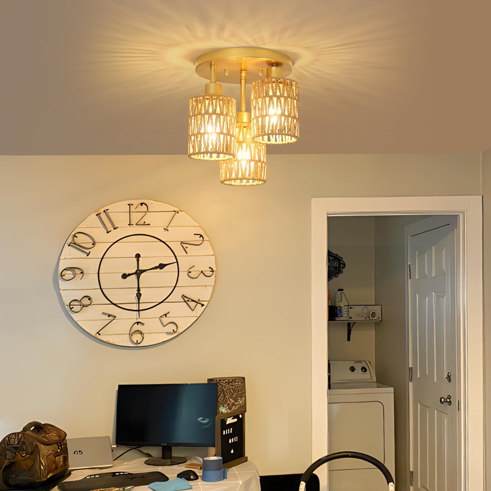 3-Lights Boho Light Fixtures - Farmhouse Rattan Light Fixture With Woven Cage Shade, Gold Semi Flush Mount Ceiling Lights For Be